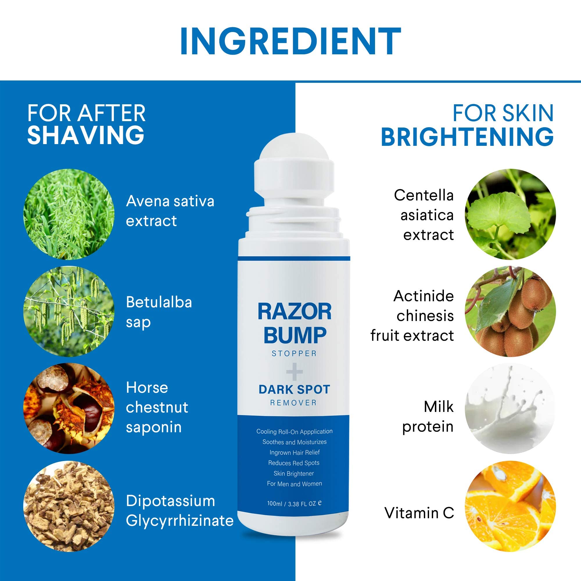 Razor Bump Stopper with Ingrown Hair Treatment: Razor Bumps Treatment for Men and Women, After Shave Solution for Ingrown Hairs and Razor Burns, Roll on Applicator- 3.38 Fl Oz