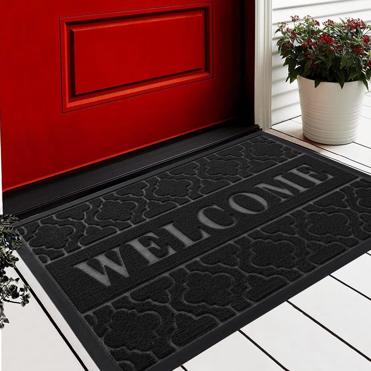 Yimobra Fußmatte Willkommen Outdoor Indoor 75x43 cm, Allwetter Wasserdichte Fußmatte für den Eingangsbereich, rutschfeste, flache Veranda-Terrassenmatte, Schwarz