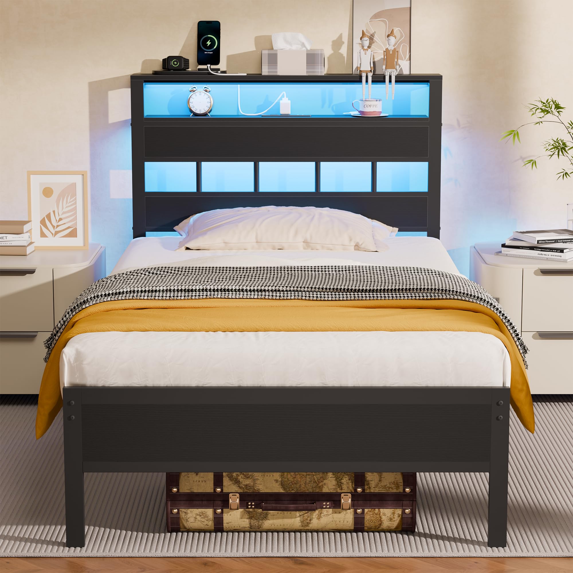 Furnulem Twin Bed Frames with Charging Station and LED Lights, Twin Size Platform Bed with Metal Slats, Wood Headboard with 2-Tier Storage Shelves, No Box Spring Needed, Black Oak