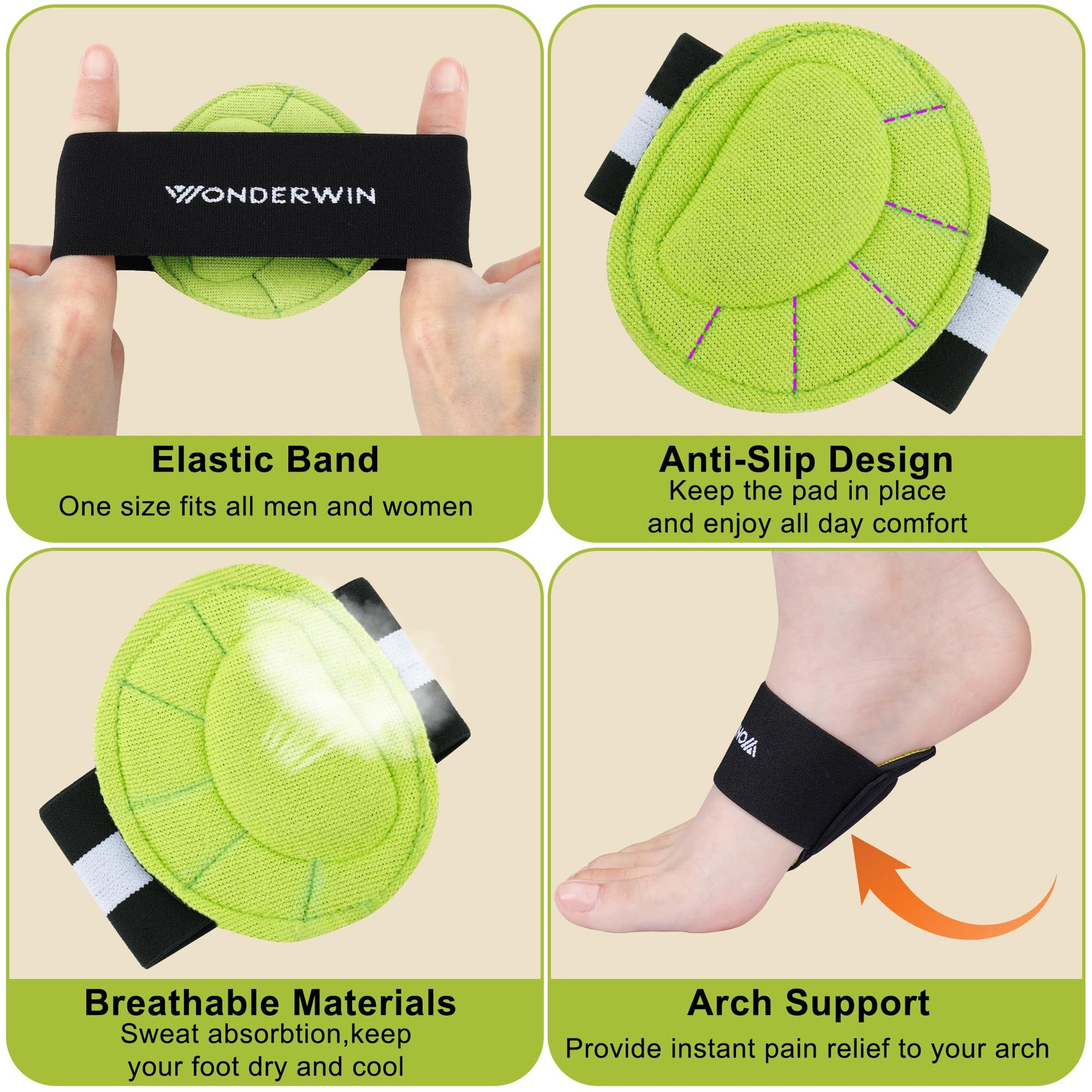 Arch Support Compression Sleeves, 3 Pairs, Cushioned Foot Relief for Plantar Fasciitis and Fallen Arches, Black/Green