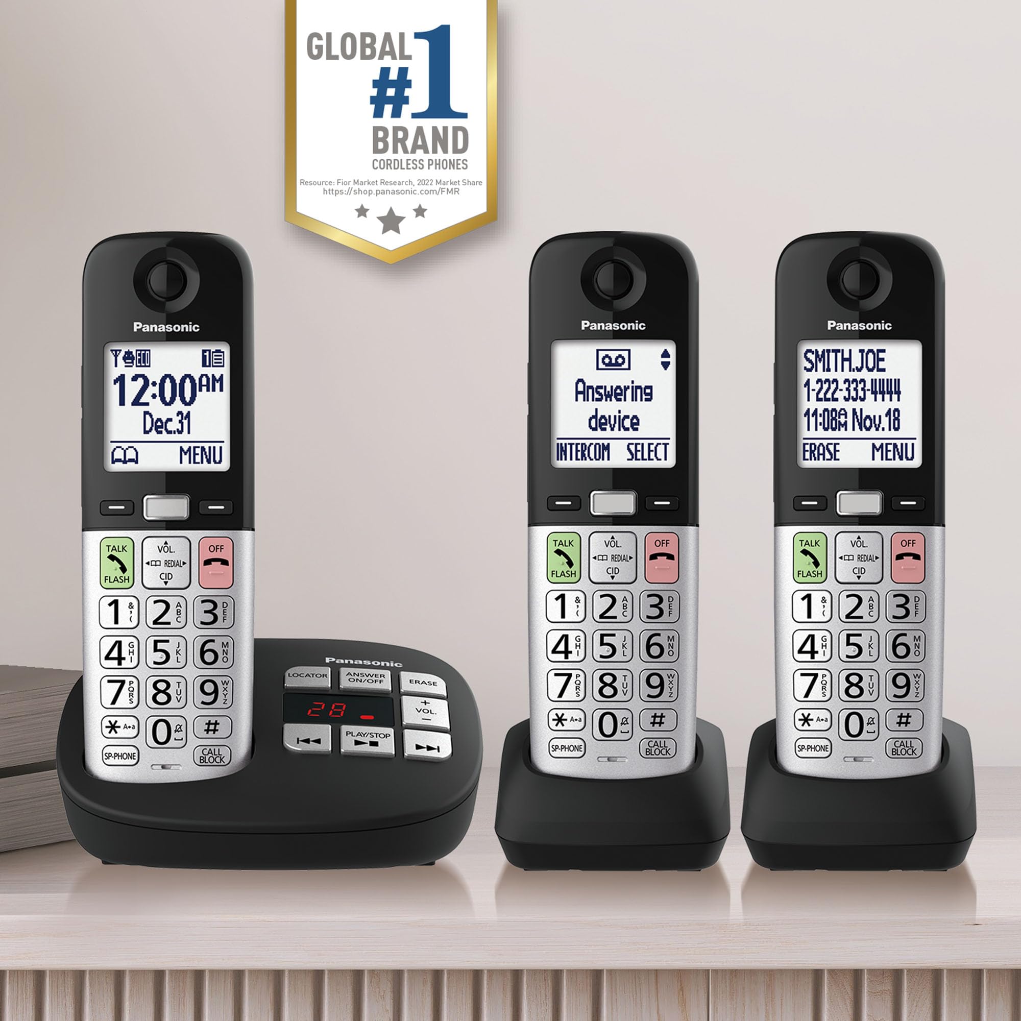 Panasonic Cordless Phone, Easy to Use with Large Display and Big Buttons, Flashing Favorites Key, Built in Flashlight, Call Block, Volume Boost, Talking Caller ID, 2 Cordless Handsets - KX-TGU433B