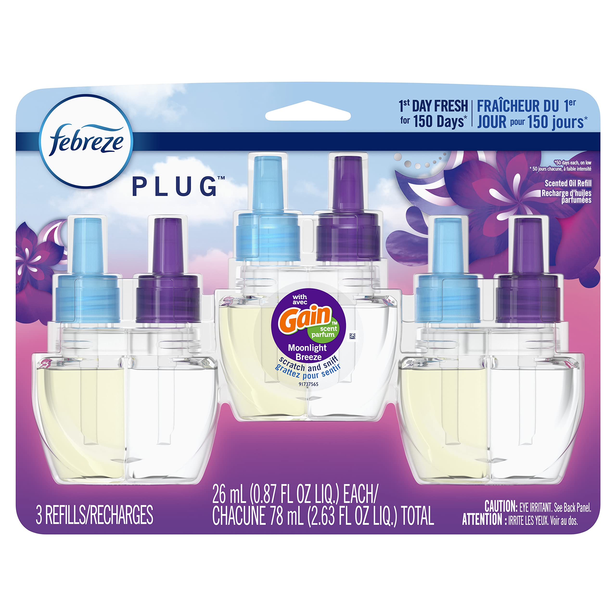 Febreze Plug In Air Freshener, Odor-Fighting Scented Oil Refill, Gain Moonlight Breeze, 3 Refills