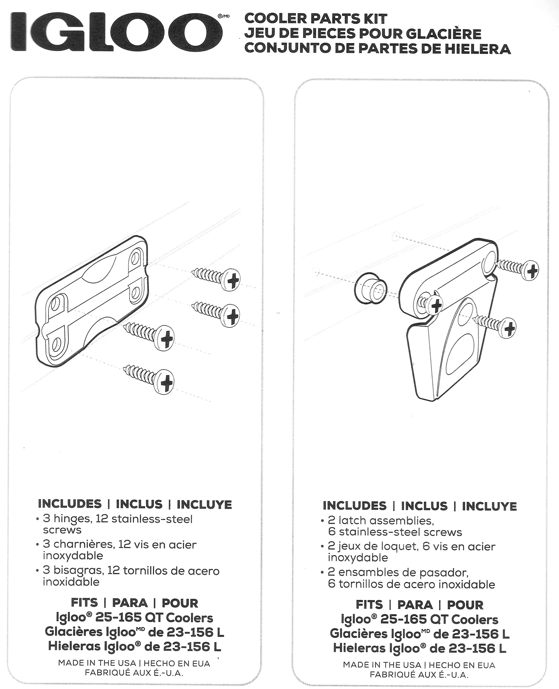 Igloo Cooler Plastic Parts Kit - Made in The USA - 2 Latches, 3 Hinges, Latch Post & Screws