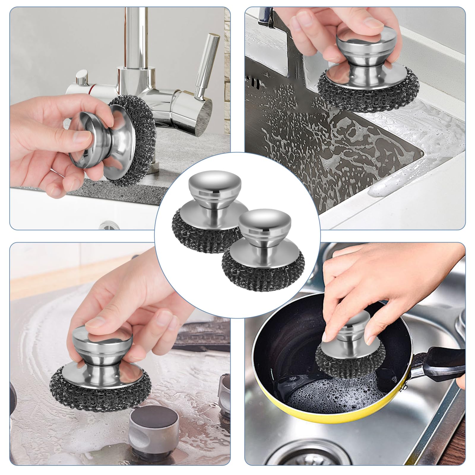 Onewly 2Pack Steel Wool Scrubber Set, Stainless Steel Scrubber with Stainless Steel Handle, for Cleaning Dishes, Cast Iron, Stock Pots, Pans, Griddles, Grills