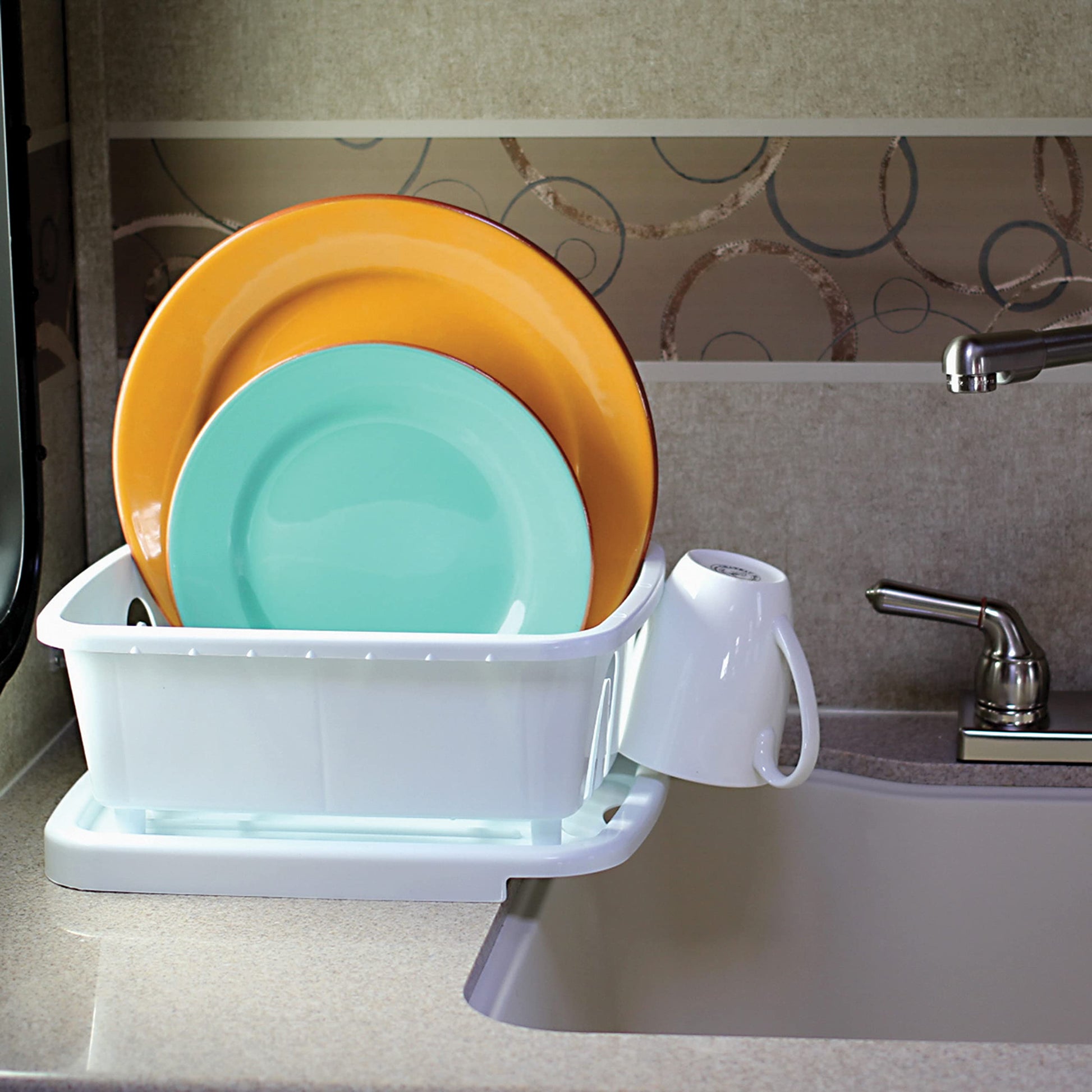 Camco RV Mini Dish Drainer & Tray - Features a Sloped Drain Tray Design, Heavy-Duty Construction, and is Ideal for Small Spaces, Apartments, Boats, and More - White (43511)