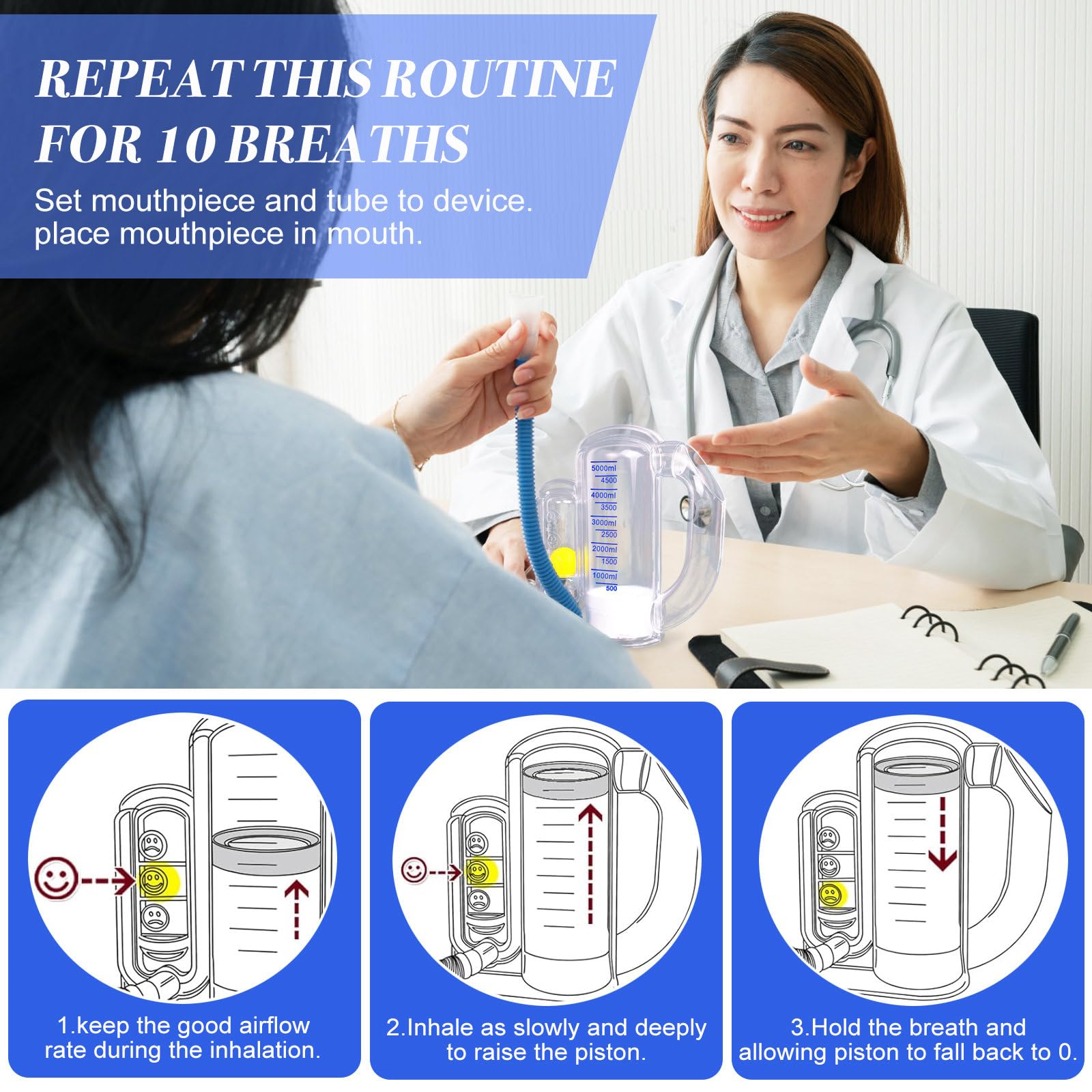 Incentive Spirometer Adult,Breathing Exercise Device for Lungs,Deep Breathing Trainer for Children and Adult,5000ml Volume Measurement with Flow Rate Indicator.