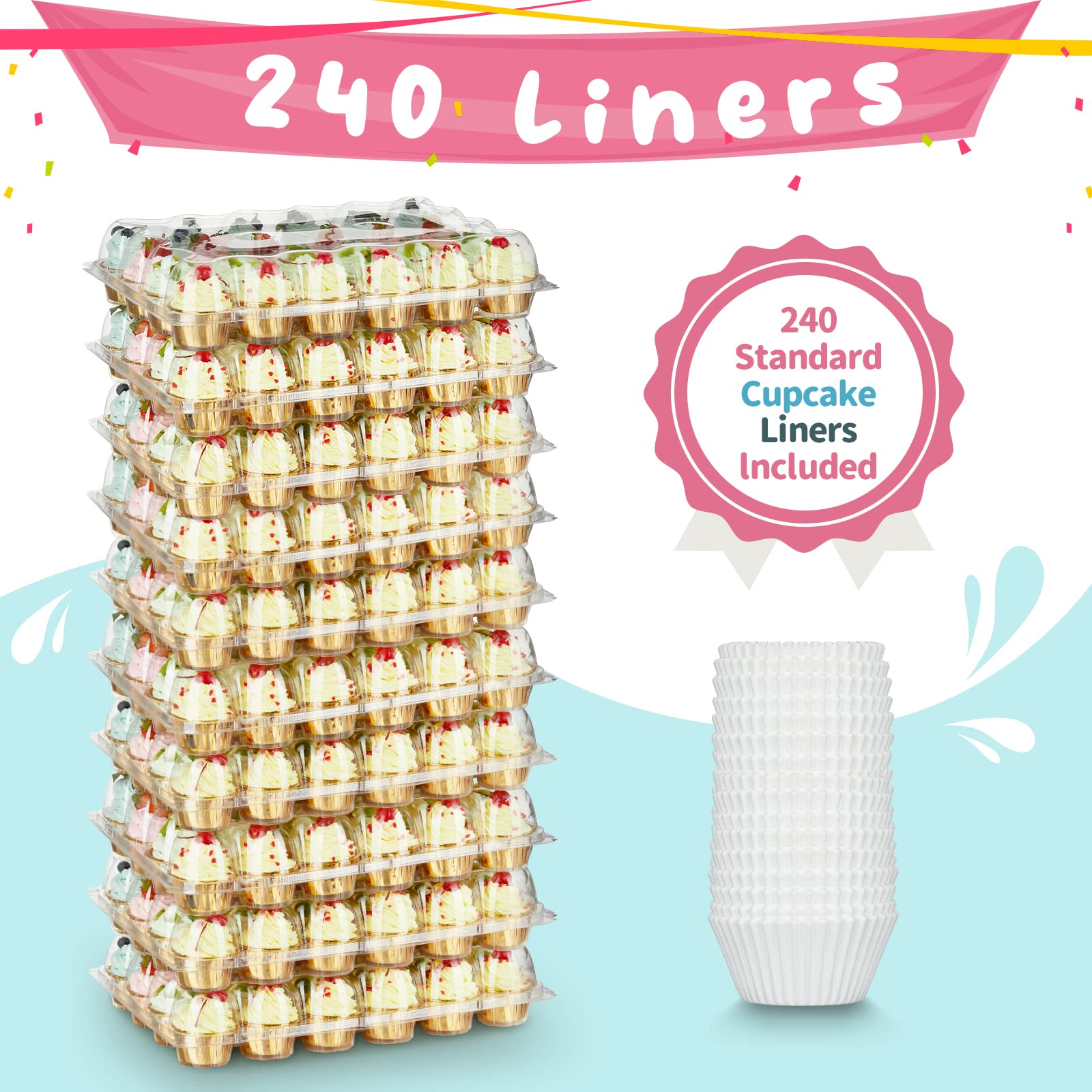 Gencywe (24 Pack x 10 Sets) Stackable Cupcake Carrier Holders with 240 Pack Cupcake Liners, Plastic Cupcake Boxes Holders for 24 Cupcakes, High Tall Dome Lid Cupcake Containers, Clear Cupcake Trays