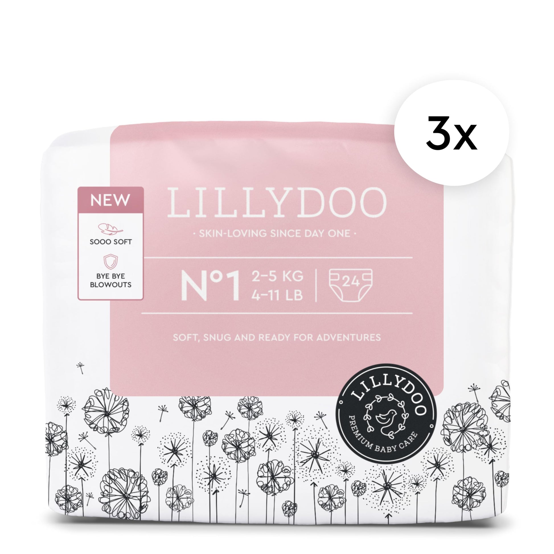 LILLYDOO Baby Diapers - Size 1 (4-11 lbs), Half-Monthly Supply (72 Count), Leak Protection, Skin-Friendly, Ultrasoft, Perfume- & Chlorine-Free, Hypoallergenic, Dermatologist Tested, Oeko-TEX®