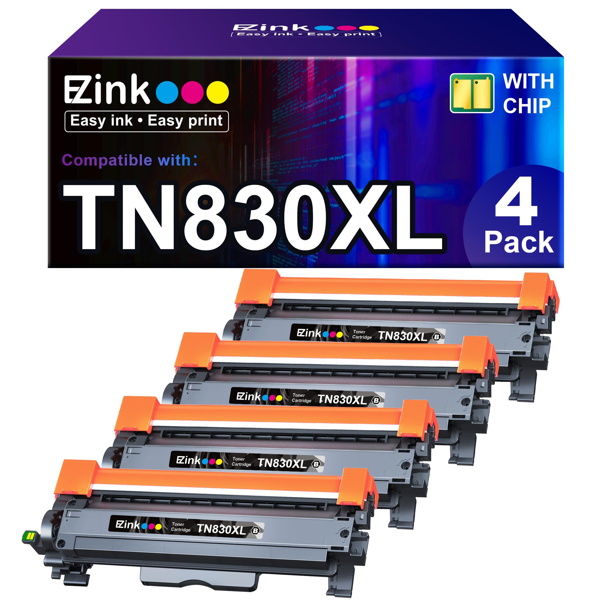 E-Z Ink Compatible Toner Cartridge Replacement for Brother TN830XL TN 830 TN830 Toner Cartridges for HL-L2460DW DCP-L2640DW HL-L2480DW HL-L2400D HL-L2405W MFC-L2820DW Printer (4 Black)