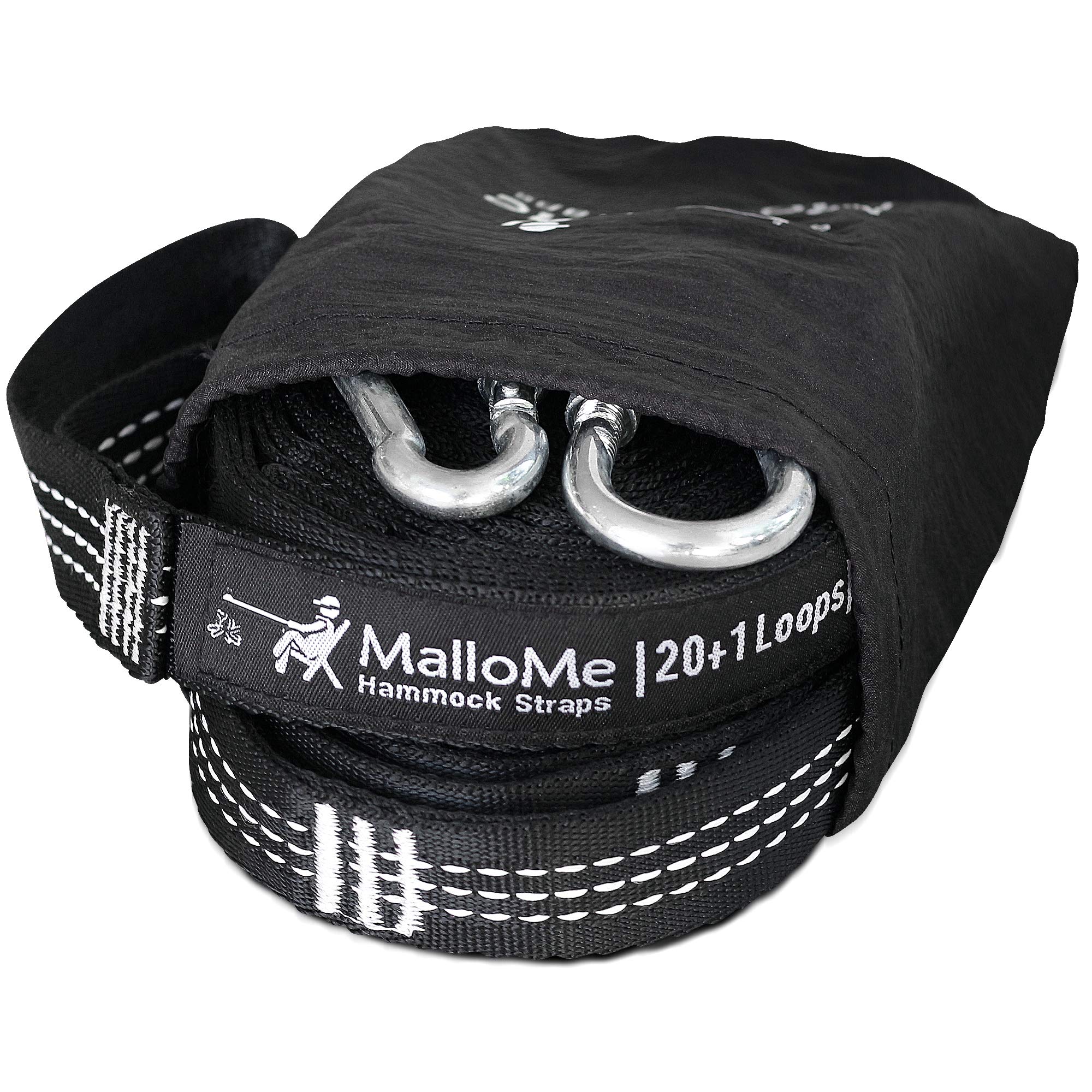 MalloMe XL Hammock Straps for Trees - Hammock Tree Straps Set 2000+ LBS Heavy Duty 40 Loops & 100% No Stretch Suspension System Kit - Camping Hammocks Accessories | 2 Carabiners | 12 Feet Black