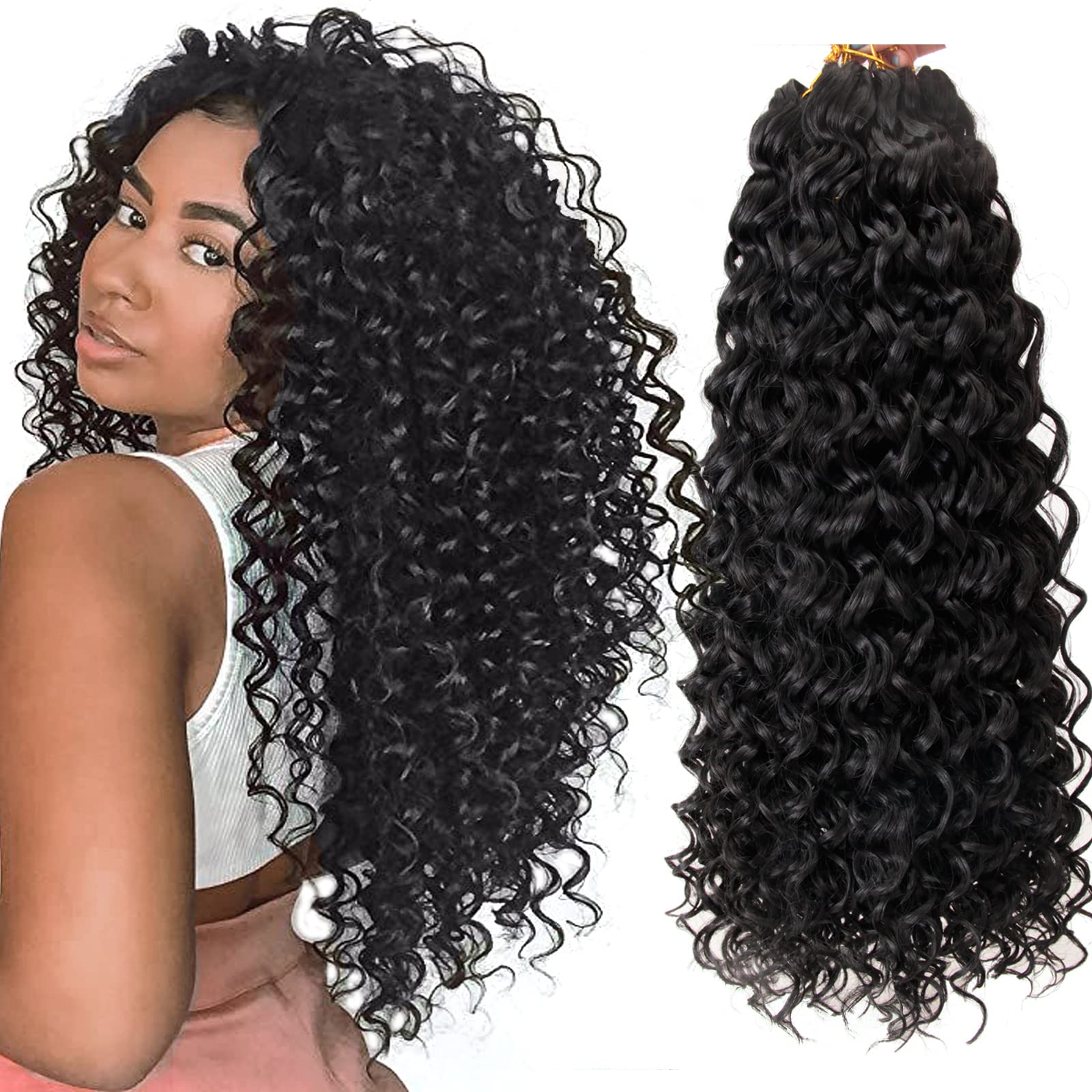 8 Packungen Lockiges Häkelhaar GoGo Curl Häkelhaar für Frauen Naturschwarz Deep Wave Flechthaar, Synthetisches Bohemian Häkelzopf Wasserwelle Häkelhaarextensions (45 cm, 1B)