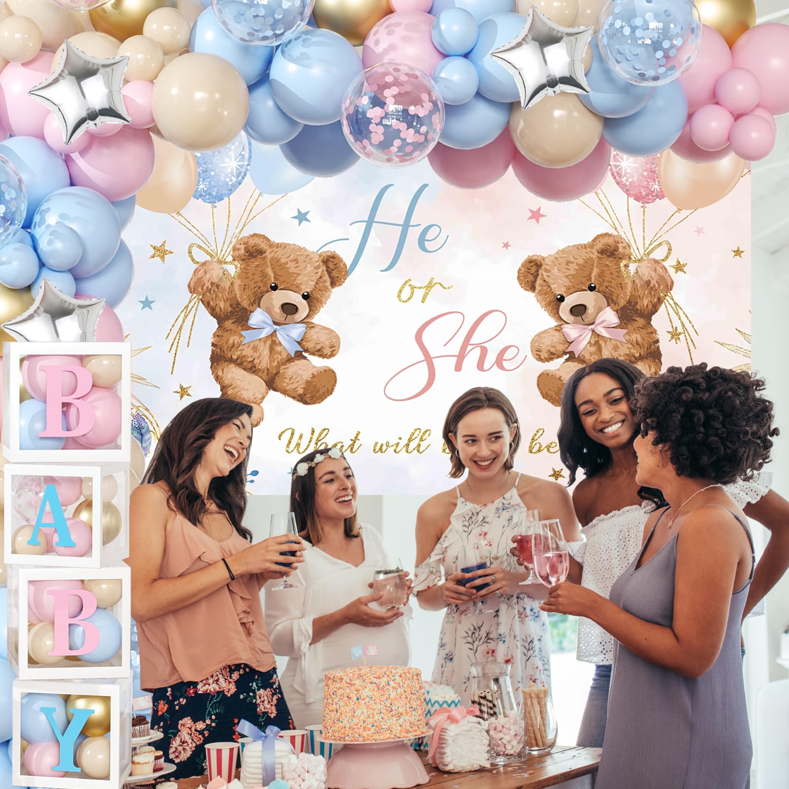 Bear Gender Reveal Balloon Boxes Decorations - 158pcs Pink Blue Balloon Garland Kit, 4pcs Baby Box With Letters, Backdrop for Baby Shower, Boy or Girl Party Supplies