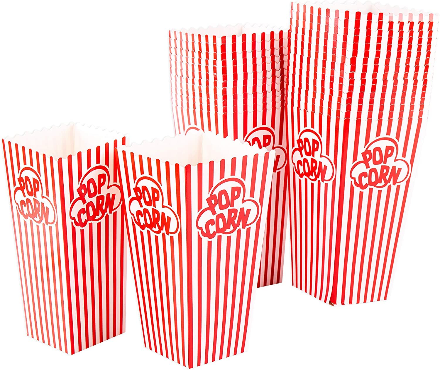 GSM Brands Popcorn Containers Boxes (100 Pack) - Striped White and Red Paper - for Home Movie Theater