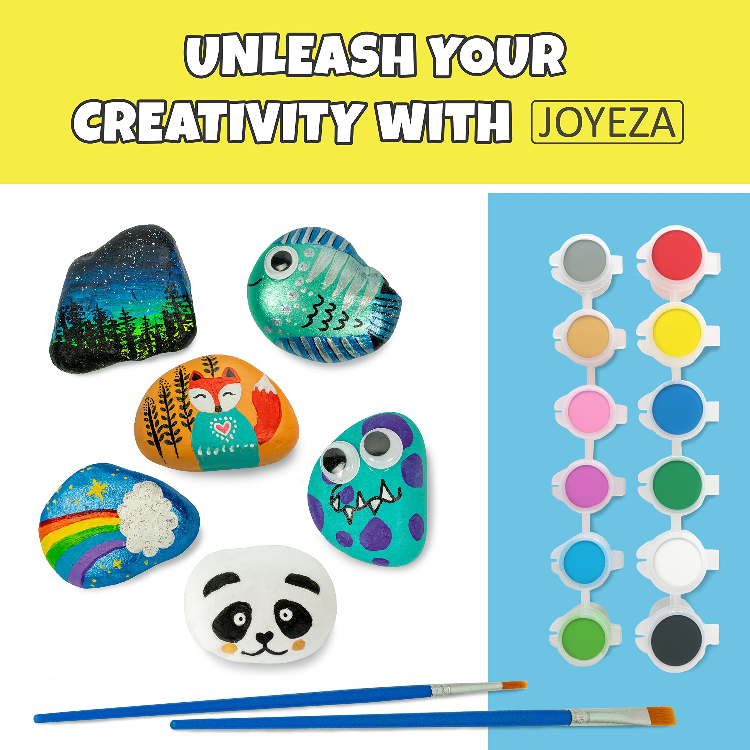 JOYEZA Rock Painting Kit Deluxe, Arts and Crafts for Girls Boys Age 6+, 12 Rocks Tween Gift Art Set, Waterproof Paints, Craft Kits Art Supplies, Kids Crafts Ages 6-8, Kids Activities 6 7 8 9 10