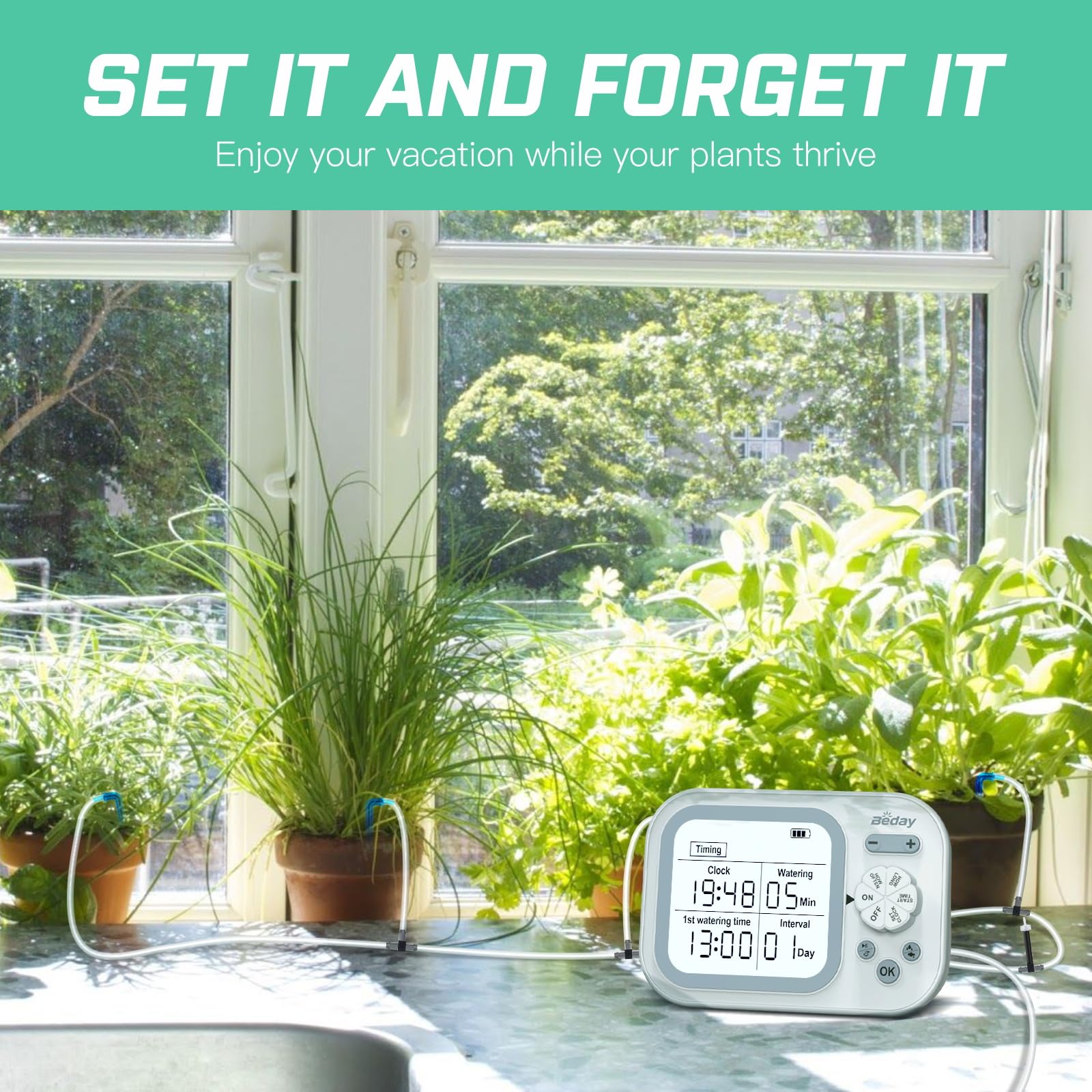 Automatic Plant Waterer Indoor Self Watering System for 15 Potted Plants, Auto Drip Irrigation Kit Programmable Water Timer with Smart Humidity Detection