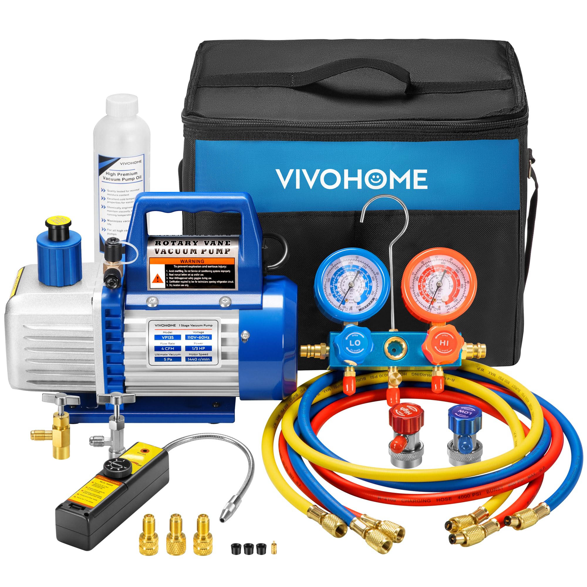 VIVOHOME 110 فولت 1/3 حصان 4 قدم مكعب في الدقيقة مضخة تفريغ دوارة أحادية المرحلة ومجموعة مقاييس مشعب تكييف R134a مع حقيبة حمل للكشف عن التسرب لإعادة شحن تبريد تكييف الهواء HVAC مدرج في قائمة ETL