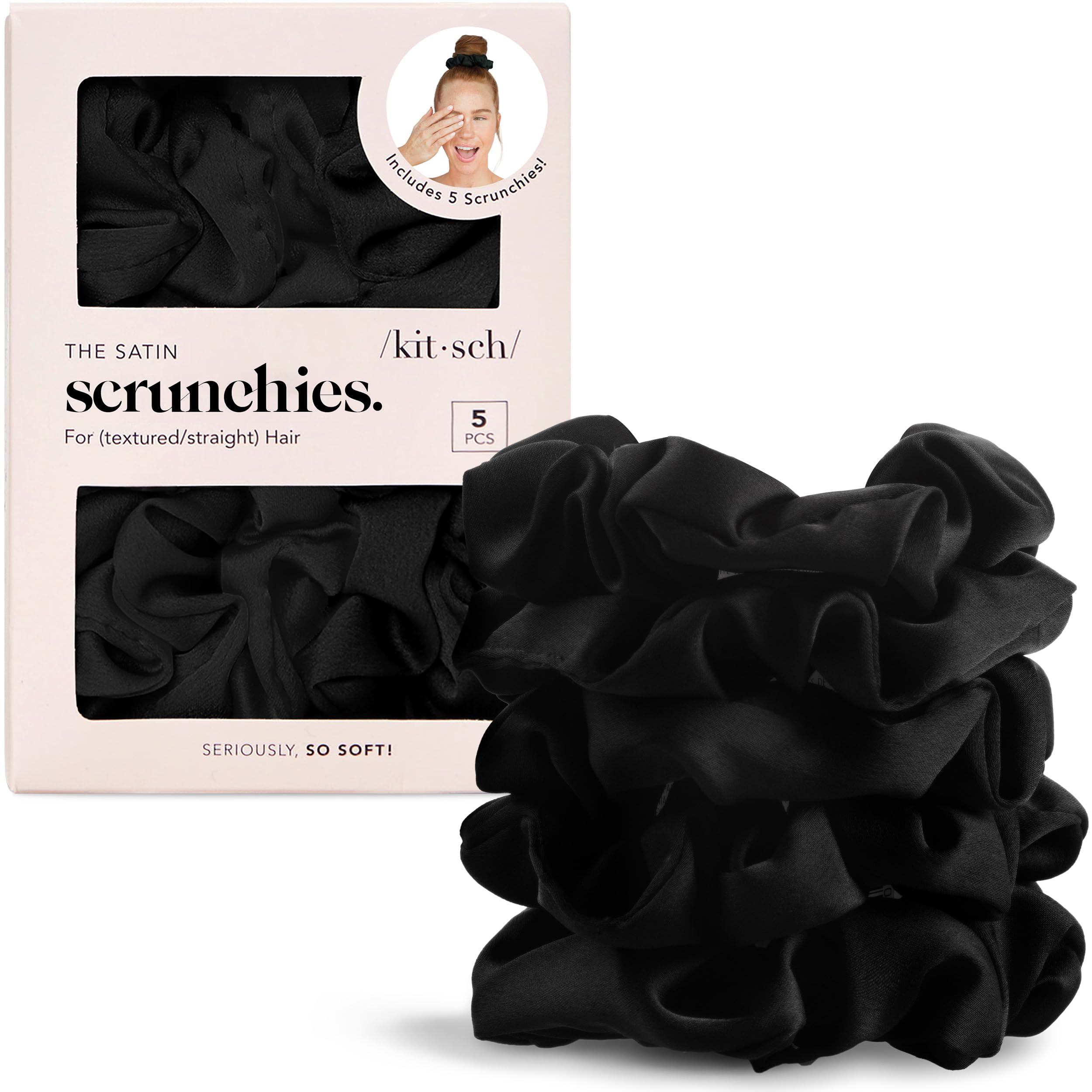Kitsch Satin Scrunchies for Women - No Crease Hair Ties - Soft Satin Hair Scrunchies for Girls - Frizz Free, Gentle, Stylish Hair Accessories - Black, 5 pcs