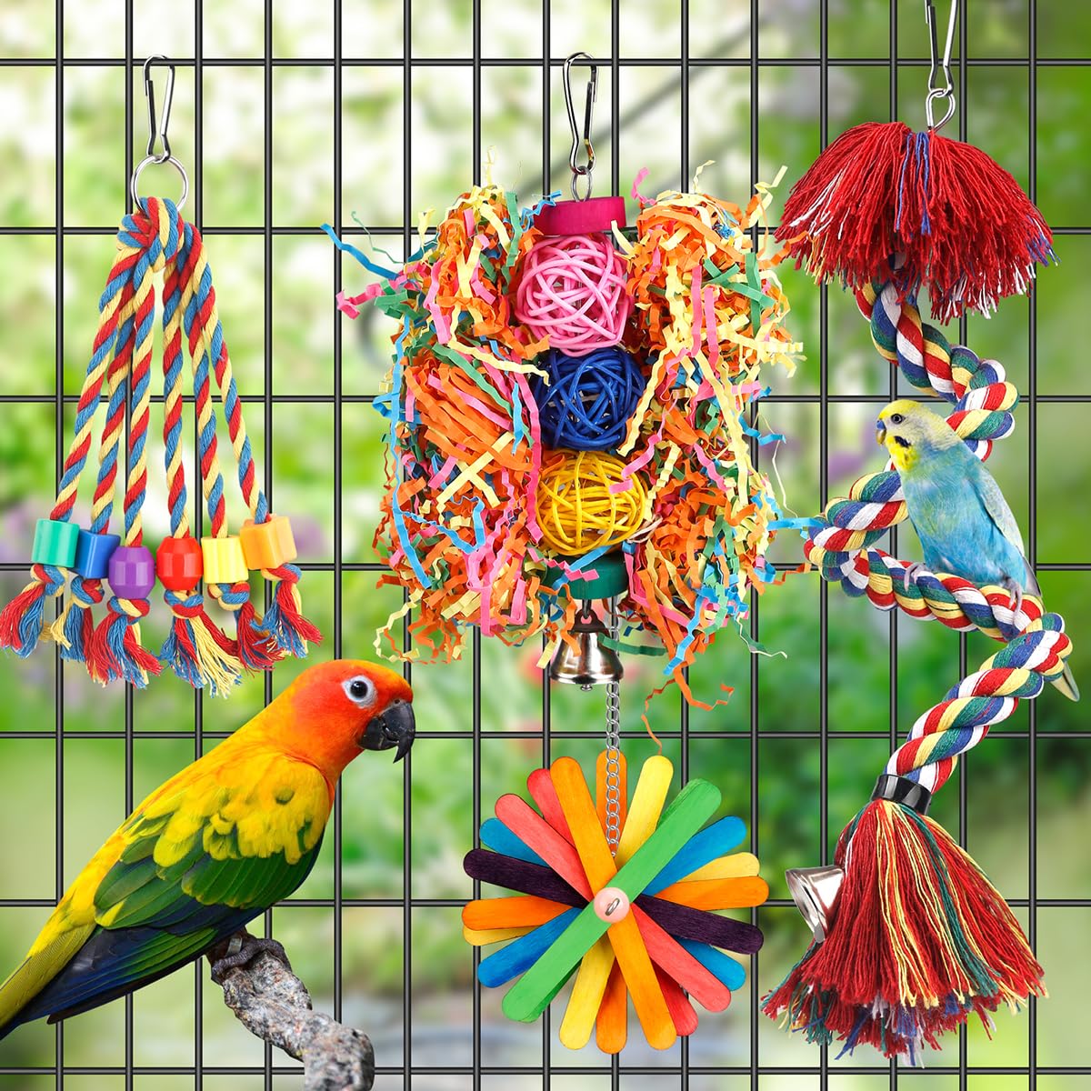 Bird Toys Rope Perch with Bell Colorful Bird Chewing Shredding Foraging Toys Parrot Swing Climbing Standing Hanging Toys Cage Accessories for Conure Cockatiel Budgies Lovebird