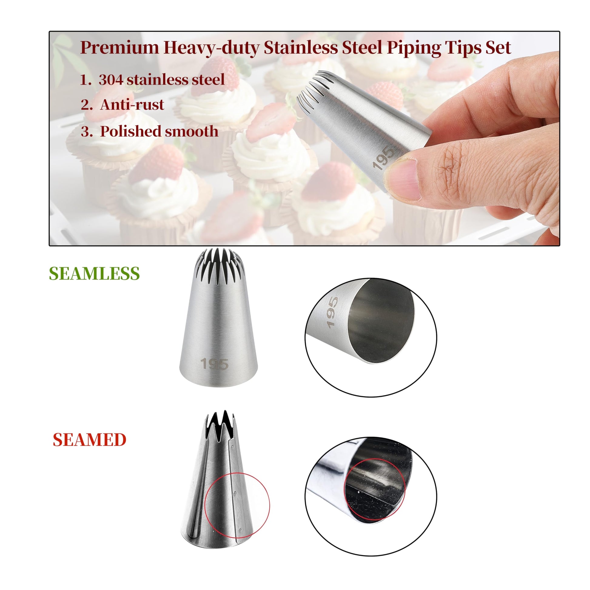 5PCS Large Piping Tips Set, COKUMA Stainless Steel Cake Decorating Tips, Frosting Icing Tips for Cupcakes, Cake, Cookie and Decorating (Dishwasher Safe)