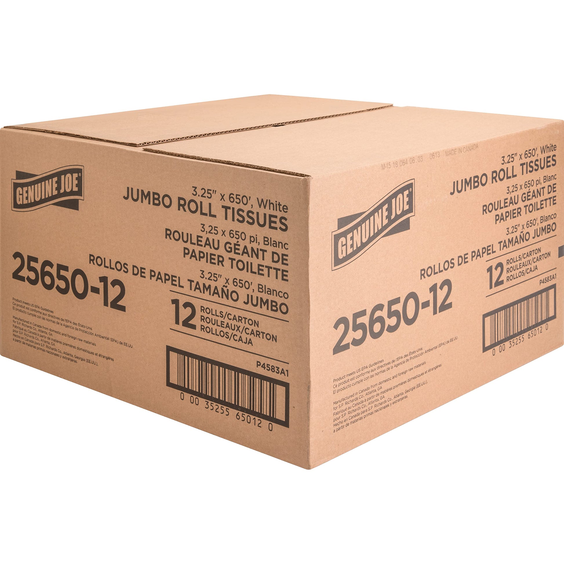 Genuine Joe Jumbo Roll Bath Tissue - 2-Ply White Toilet Paper, 3.3" x 650' per Roll, 12 Count Bulk Pack, Recycled Fiber, Commercial Grade for Dispensers