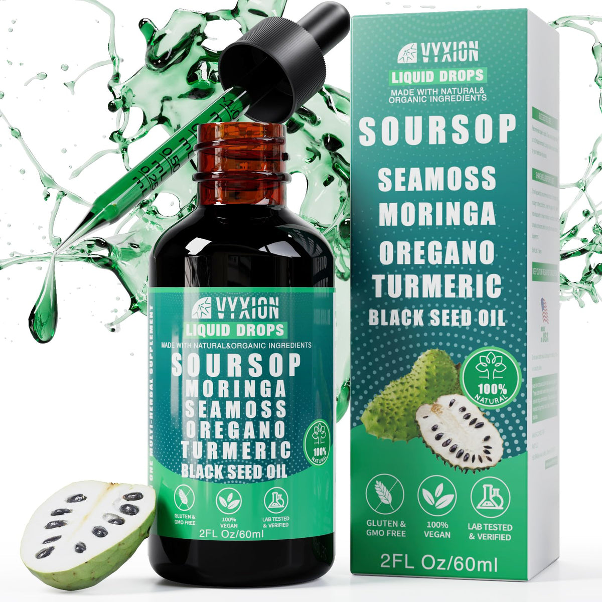 Guyabano Bitters Tropfen 10 in 1 mit Meeresmoos, Moringa, Kurkuma, Schwarzkümmelöl, Oregano, Ashwagandha | Kräuterextrakte zur allgemeinen Gesundheitsförderung | Vegan, gentechnikfrei | 60 ml