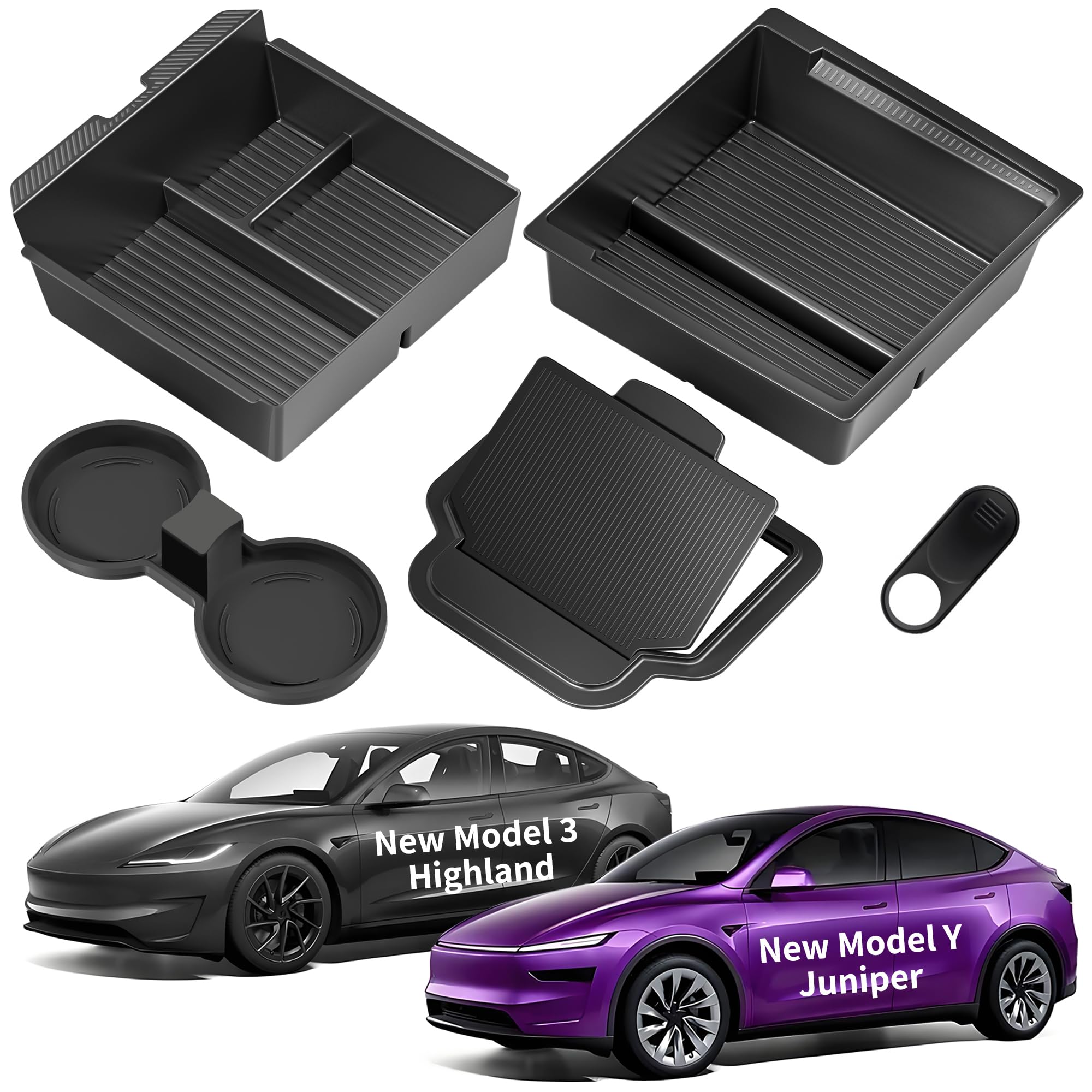 TSLDRV Mittelkonsolen-Organizer-Schale für Tesla Model Y Juniper Zubehör 2025 2026/Für Tesla Model 3 Highland Zubehör 2024 2025 2026 [Läuft reibungslos/US-Patent] Getränkehalter Mattschwarz