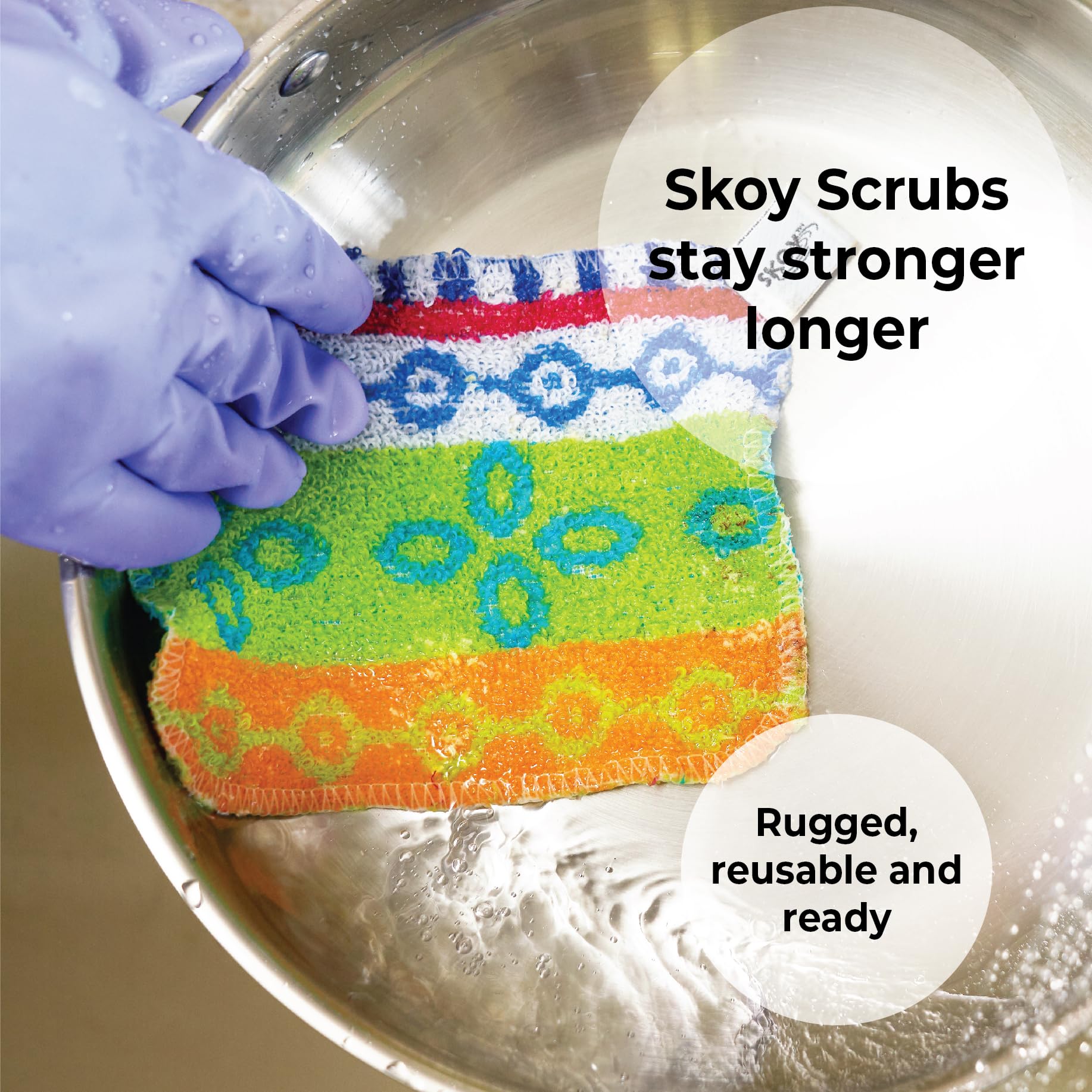 Skoy Scrub, 4-Pack Reusable, Non-Scratching Dish Scrubber for Kitchen and Household Cleaning, Planet-Friendly, Dishwasher Safe Soft Scrub, Assorted Colors and Designs