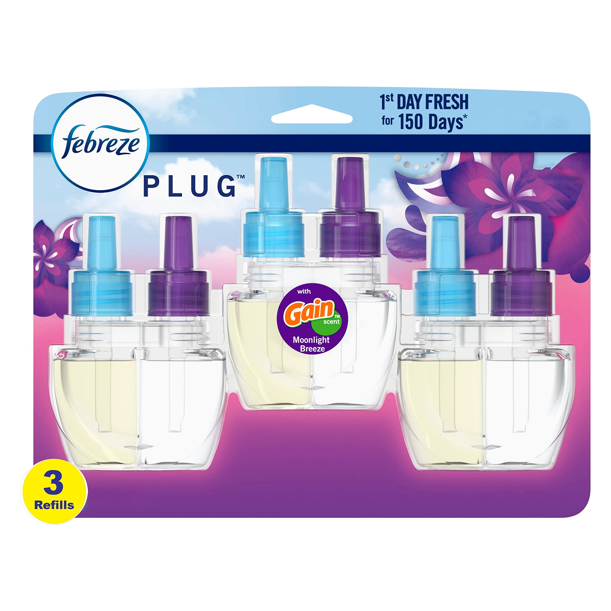 Febreze Plug In Air Freshener, Odor-Fighting Scented Oil Refill, Gain Moonlight Breeze, 3 Refills