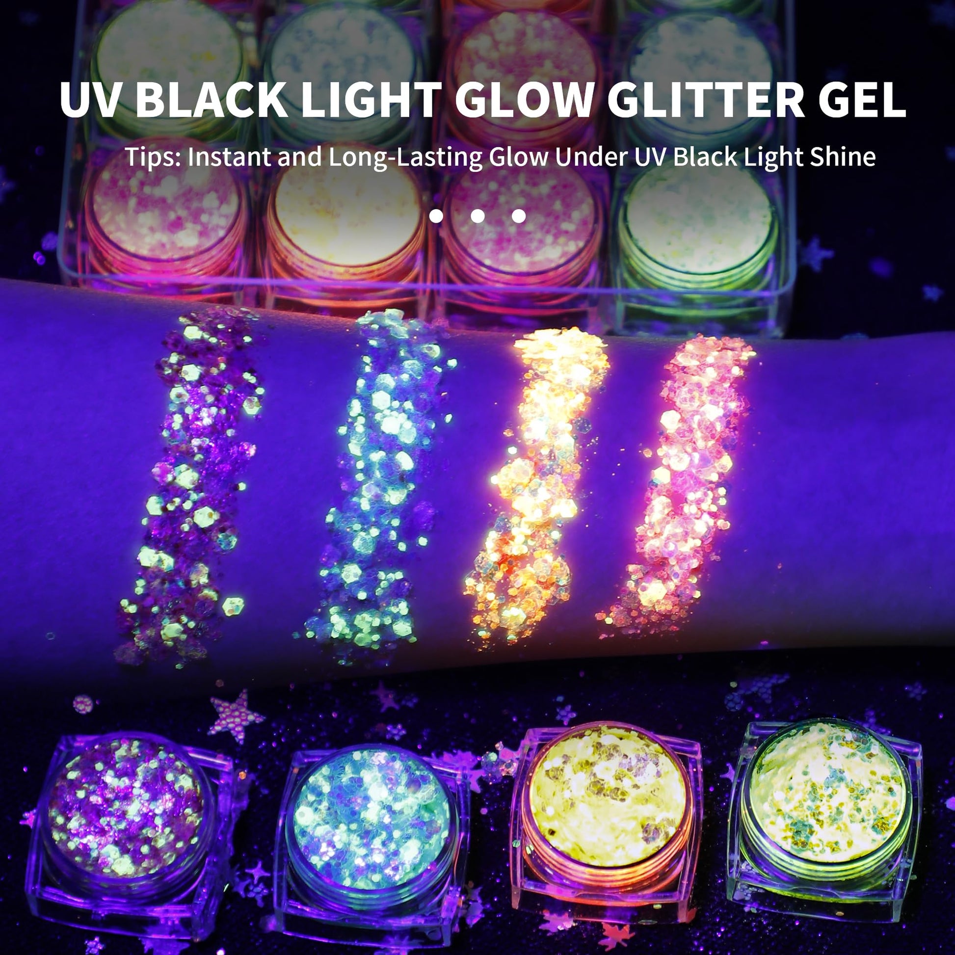 LATIBELL Glow in The Dark Body Face Glitter Gel for Women, 12 Colors Makeup Chunky Fine Glitter, UV Black Light Body/Face/Hair/Eyeshadow, Carnival Party(Not Loose Glitter)