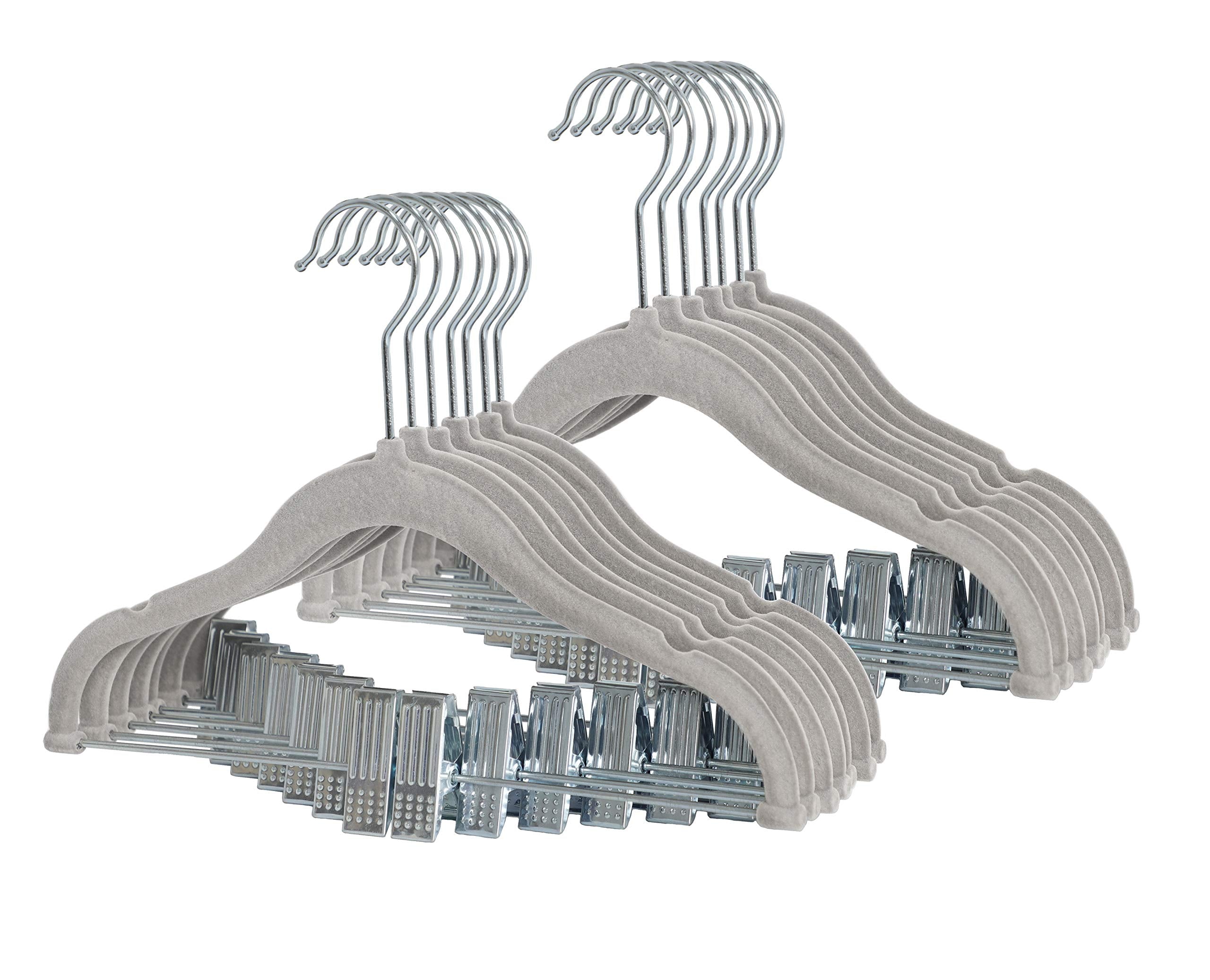 Finnhomy Non-Slip Clothes Hangers for Baby and Kids 20-Pack Velvet Hangers with Movable Clips, Heavy-Duty and Space-Saving for Pants,Skirts, Coat, Gray