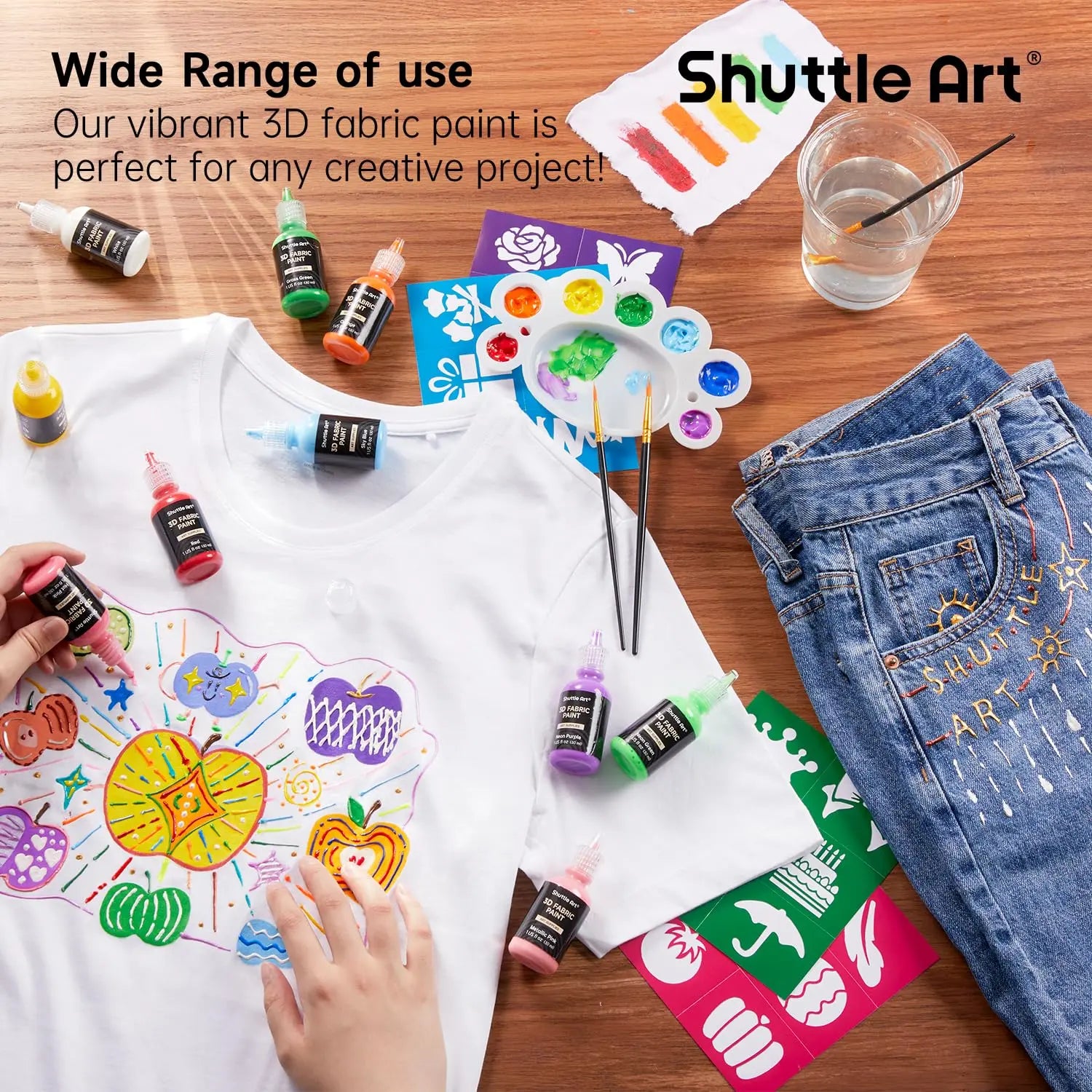 Shuttle Art Fabric Paint Set, 45 Colors 3D Permanent Paint with Brushes Palette Pen Fabric Sheet Stencils, Glow in The Dark, Glitter,Metallic Colors for Textile Fabric T-shirt Jeans Glass