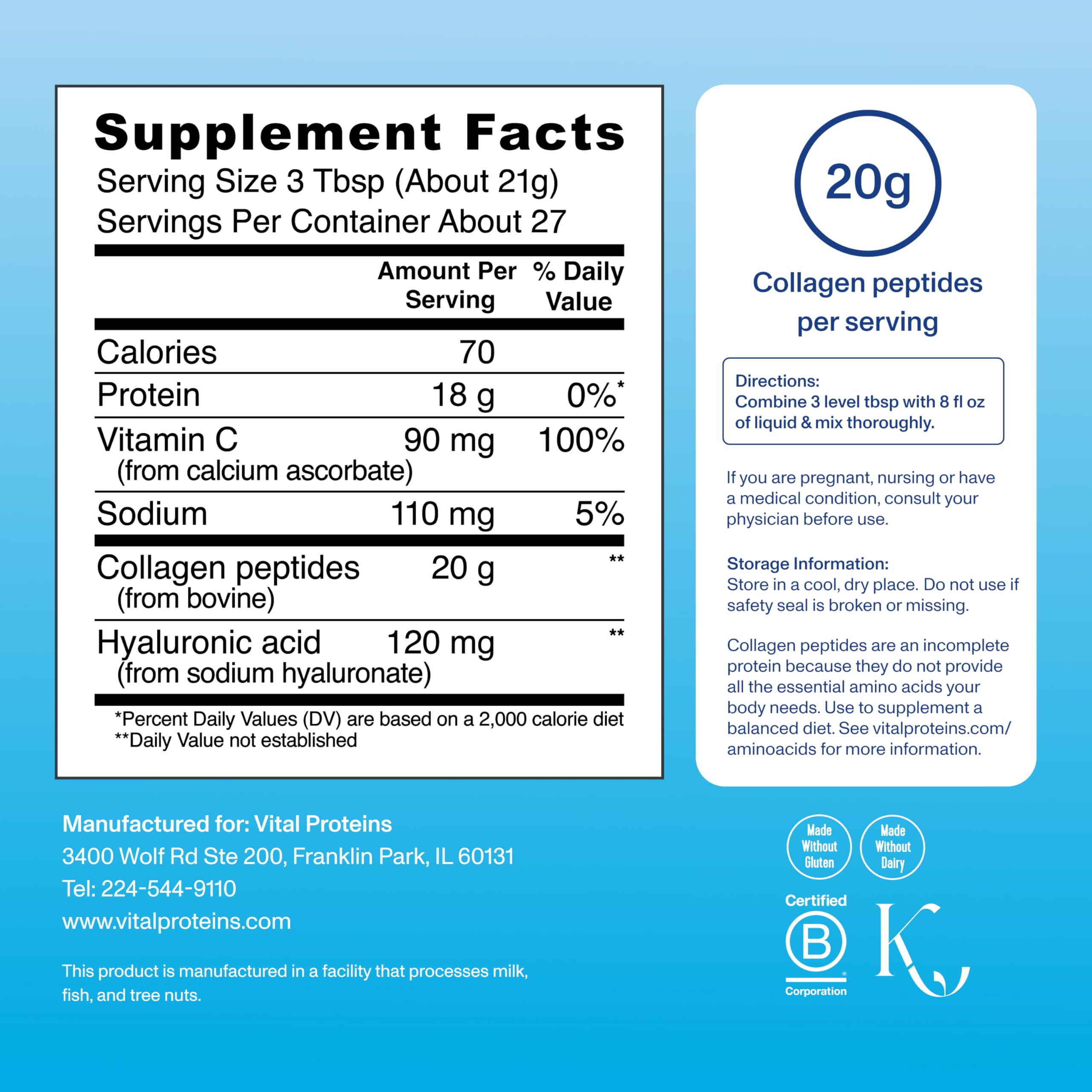 Vital Proteins Collagen Peptides Powder Advanced with Hyaluronic Acid & Vitamin C - 20oz Collagen Protein, Unflavored, 27 Servings