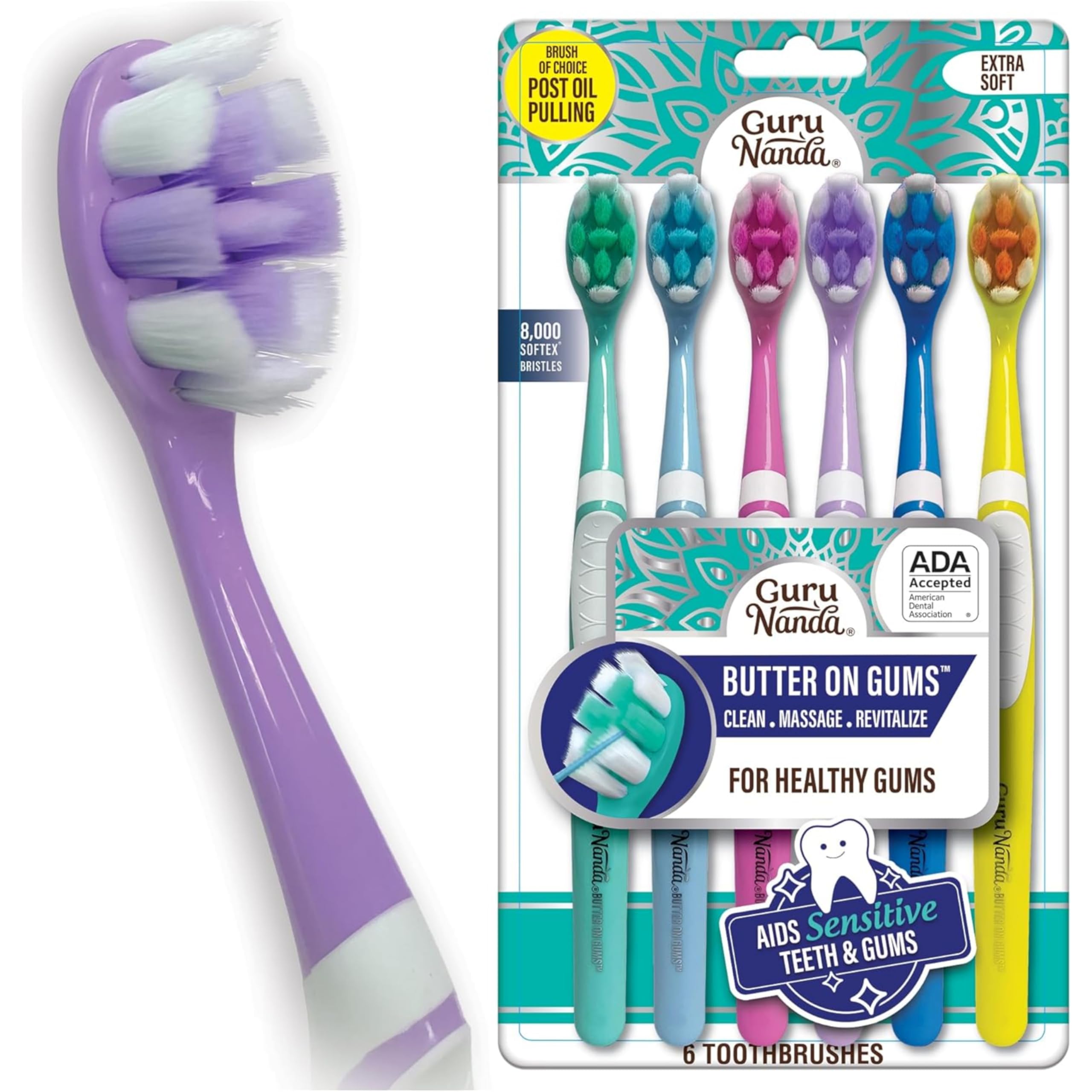 GuruNanda Butter On Gums Toothbrush, ADA Accepted, With 8000+ Ultra Soft Softex Bristles for Sensitive & Receding Gums, Perfect for Whiter Teeth, 6 Ct