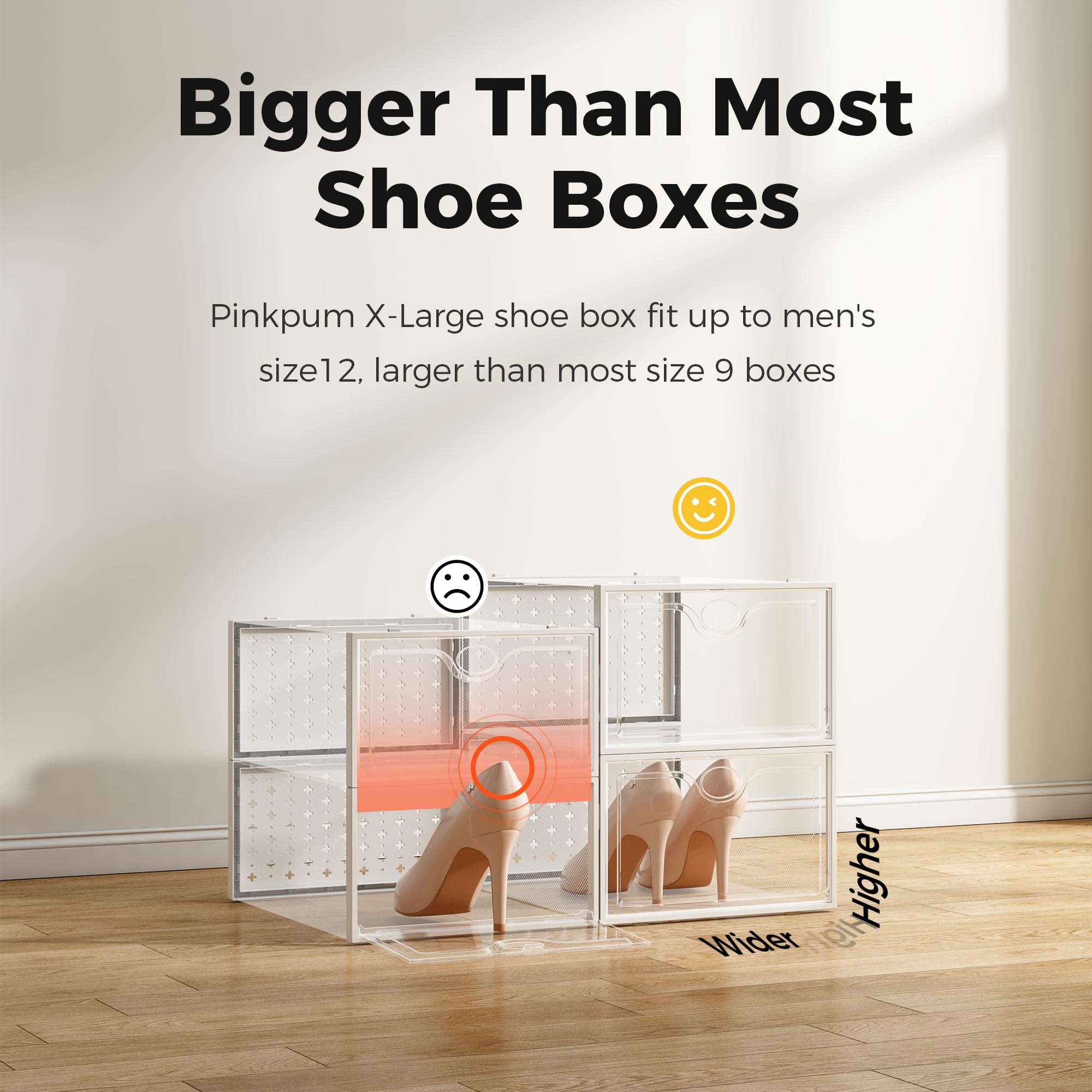 Pinkpum 15 Pack X-Large Shoe Storage Boxes Fit US Size 12, Shoe Organizer for Closet Clear Plastic Stackable Shoe Dispaly Case Holder Bins, Sneaker Storage for Sneakerheads White