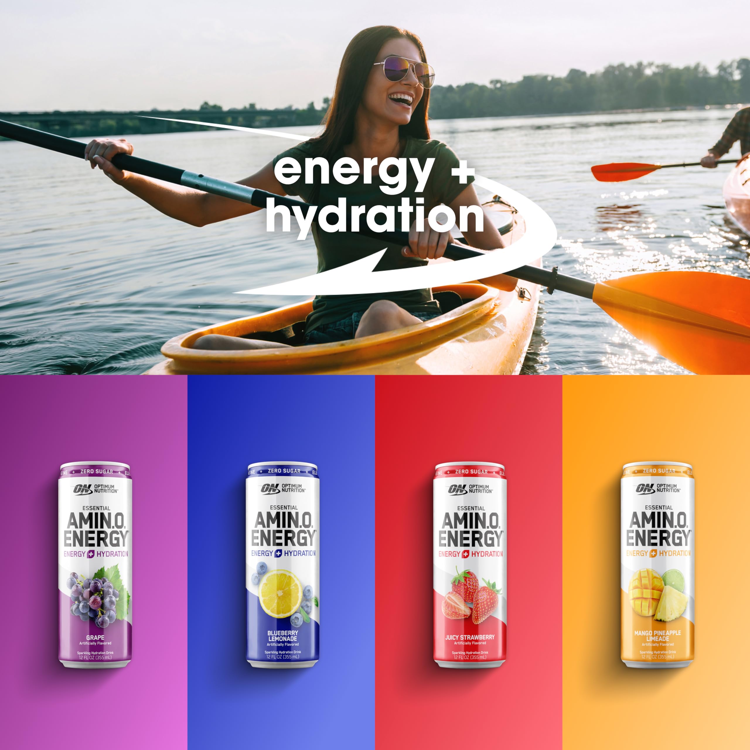 Optimum Nutrition Amino Energy Sparkling Hydration Drink, Electrolytes, Caffeine, Amino Acids, BCAAs, Sugar Free, 12 Fl Oz, Variety Pack of 12 (Packaging May Vary)