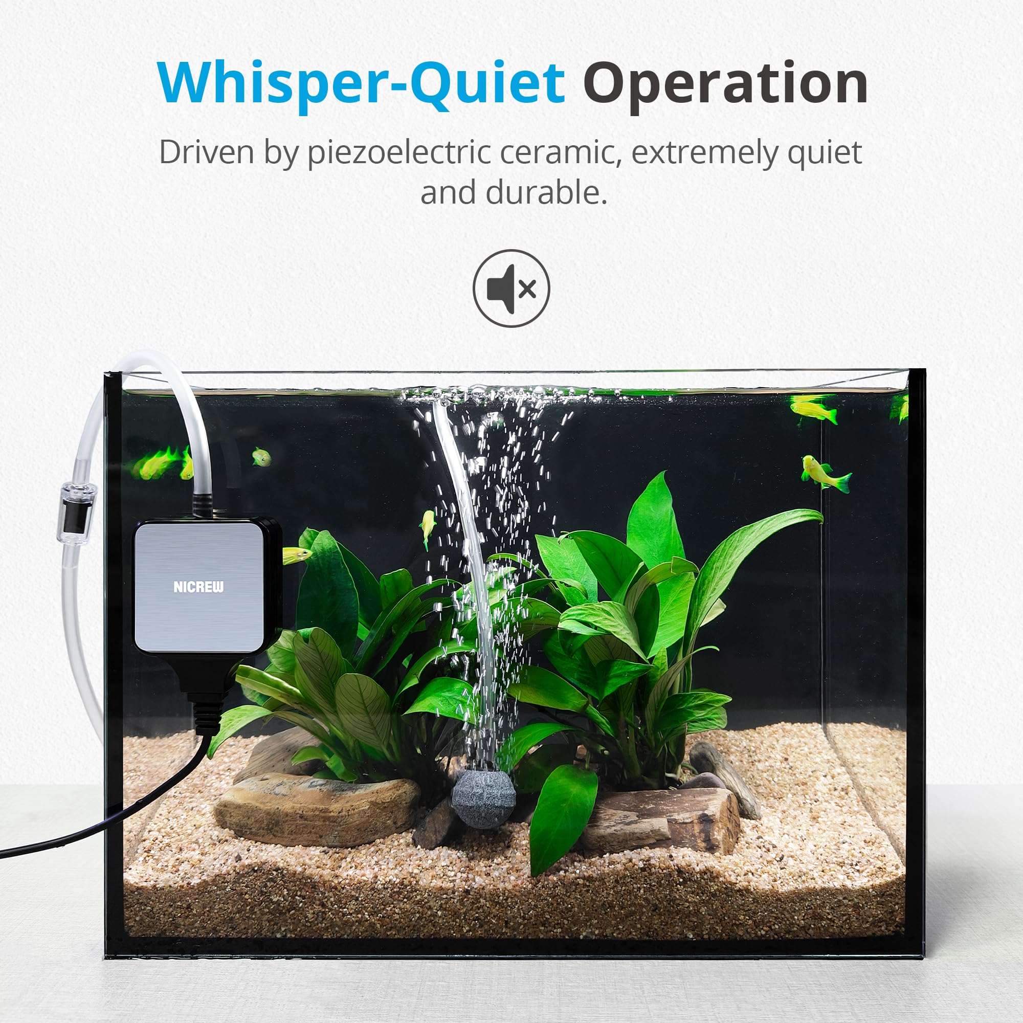NICREW Nano Silent Aquarium Air Pump Black, Aquarium Aerator with Accessories for Up to 10 Gallon Fish Tank, Super Quiet, 0.3 L/min, 1.5 Watts