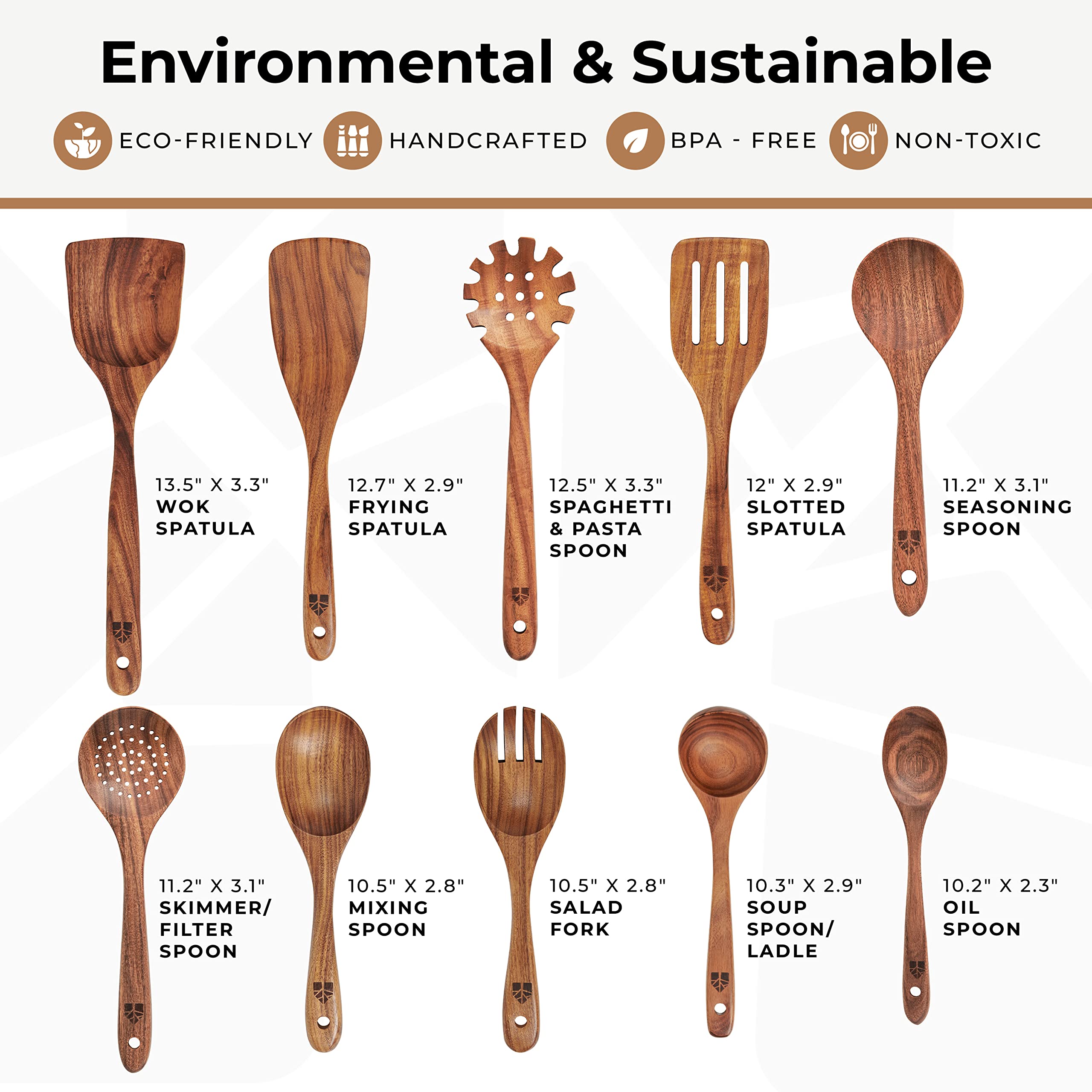 Wooden Spoons for Cooking, 10 Pcs Wooden Cooking Utensils Set – Wooden Utensil Set for Nonstick Pans & Cookware – Teak Wood - Sturdy, Lightweight & Heat Resistant