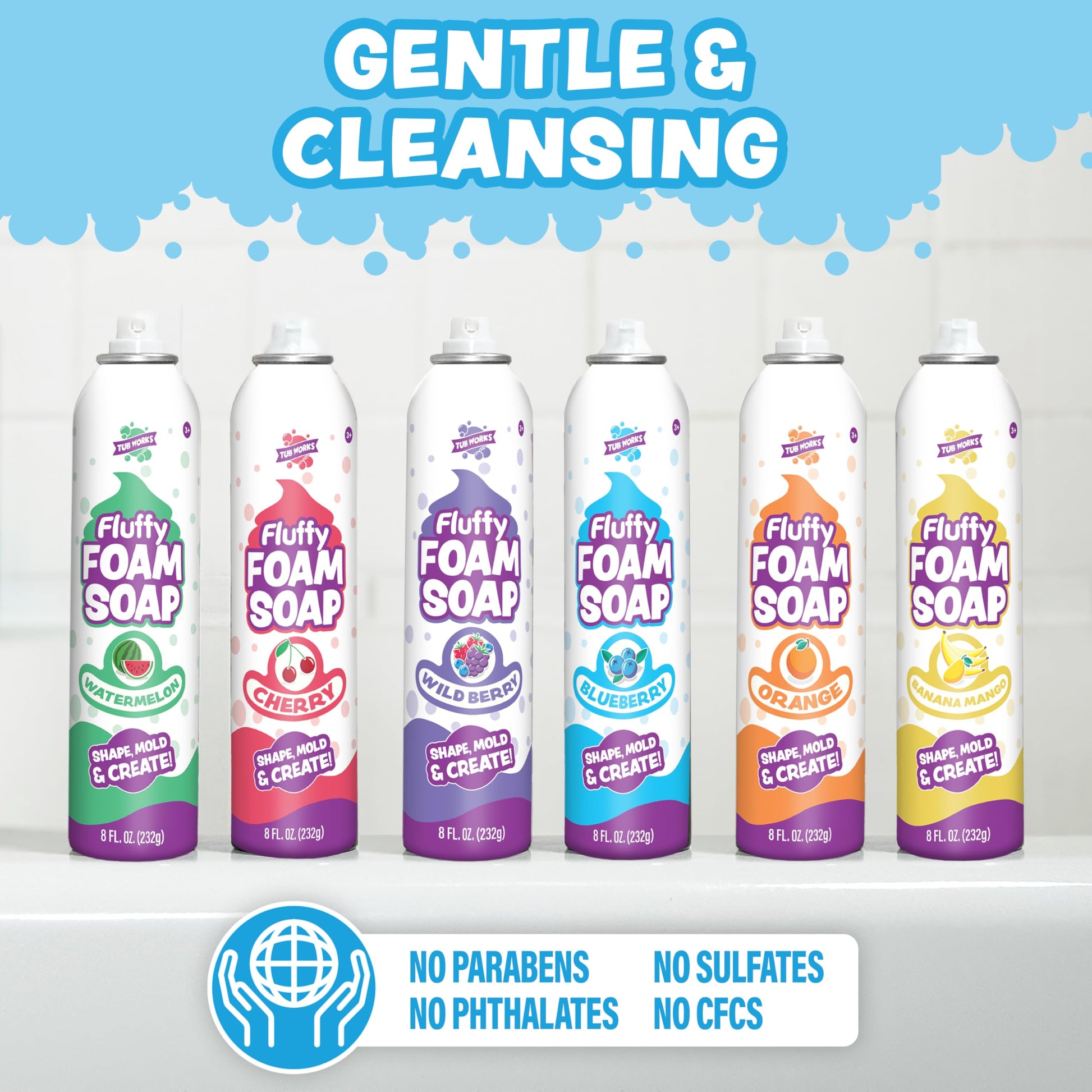 Tub Works® Fluffy Foam Soap, Variety 6 Pack | Shape, Mold & Create Bath Art with Soft Bath Foam for Kids | Gentle, Cleansing Kids Bath Soap | Easy-to-Use Spray Nozzles | Fruity, Fun Bath Colors
