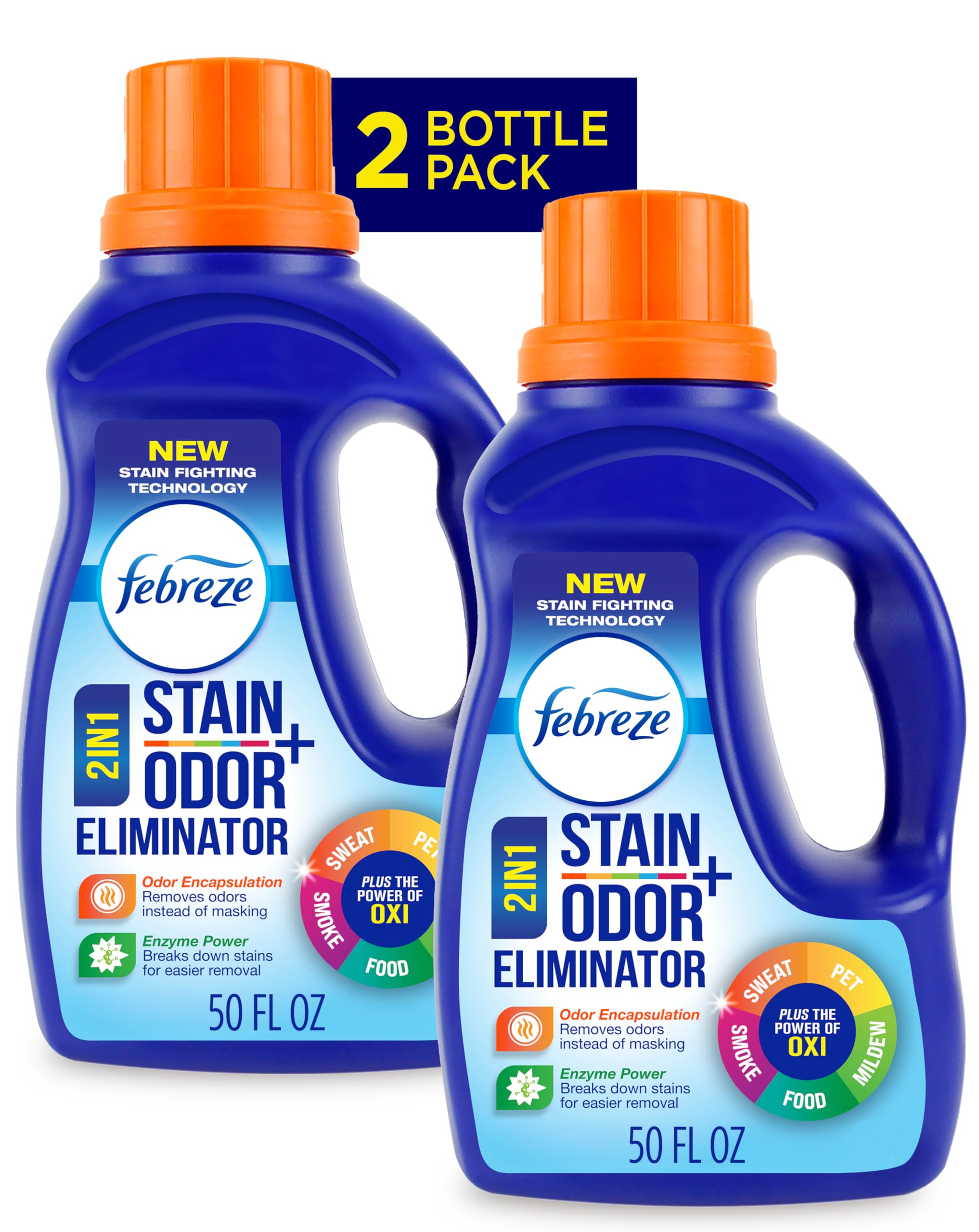 إضافة مسحوق غسيل Febreze، مزيل الروائح أثناء الغسيل بالقوة الأصلية، مصمم لإزالة الروائح في غسلة واحدة تسببها العرق، الطعام، الدخان، رائحة منعشة، 50 أونصة سائلة (عبوتان)