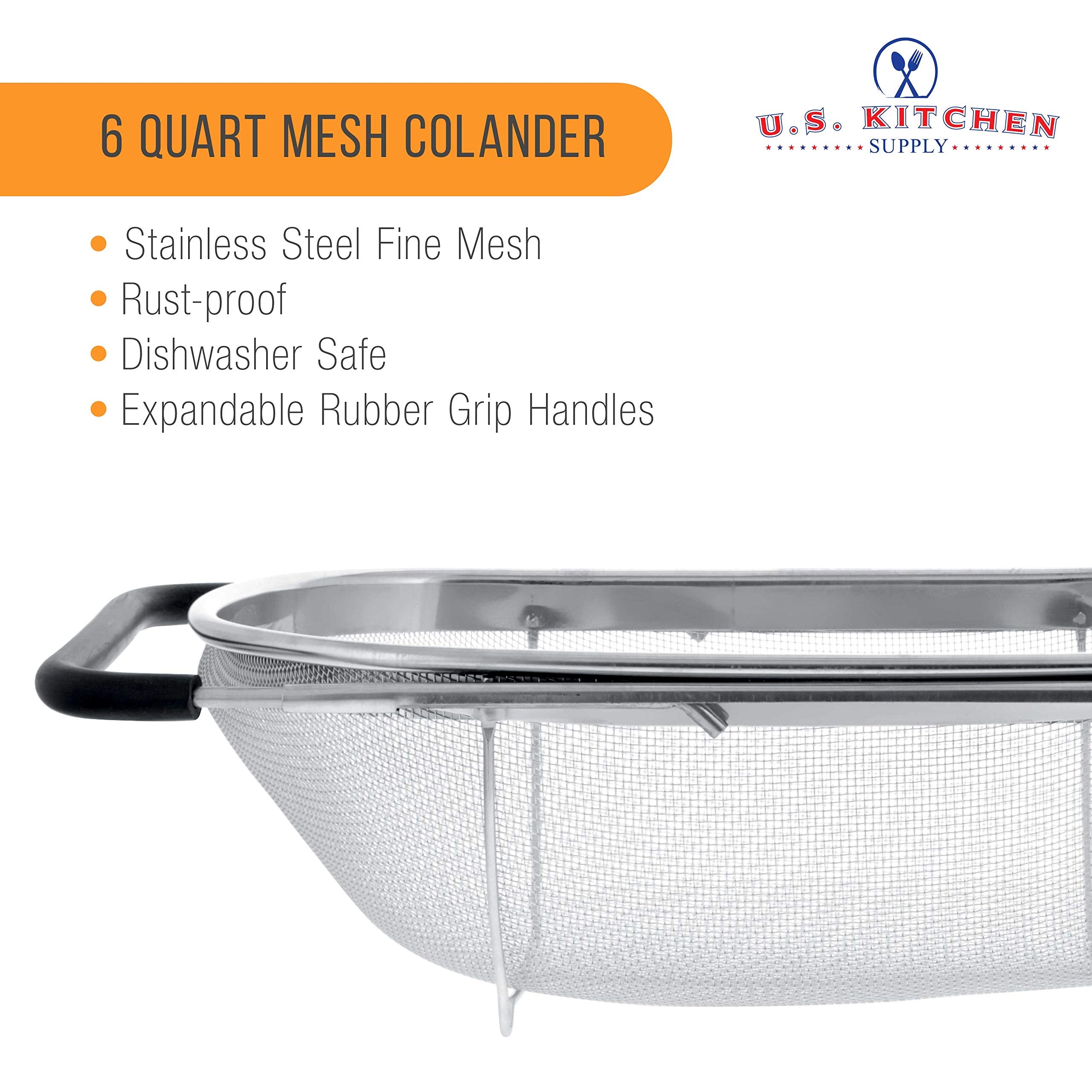 U.S. Kitchen Supply Stainless Steel Colander Strainer - 6-Quart Collapsible Colander with Expandable Rubber Handles - Rectangular Sieve, Fine Mesh Stainless Steel Strainers and Colanders for Kitchen