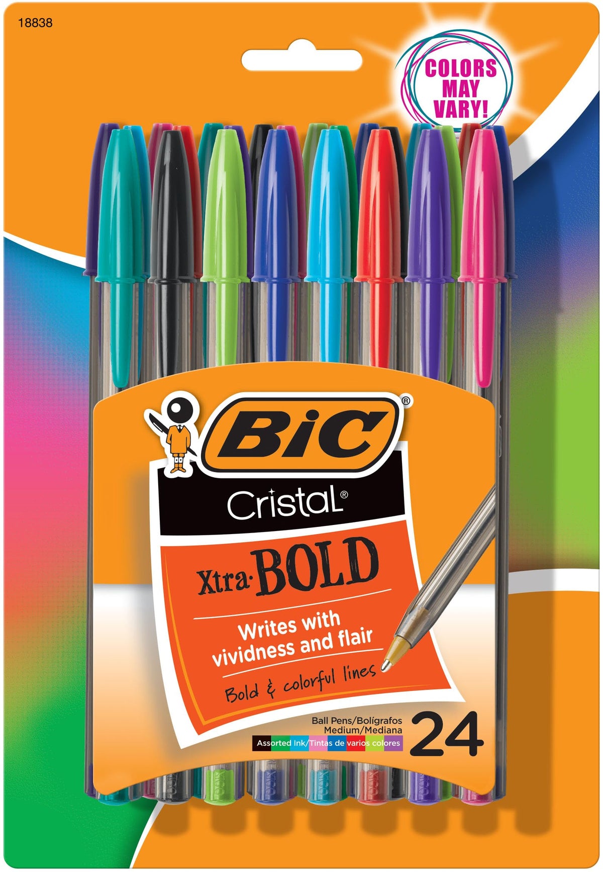 BIC Cristal Xtra Bold Ballpoint Pens, Bold Point (1.6mm) For Vivid And Dramatic Lines, Assorted Colors, 24-Count Pack, Perfect Ink Pens