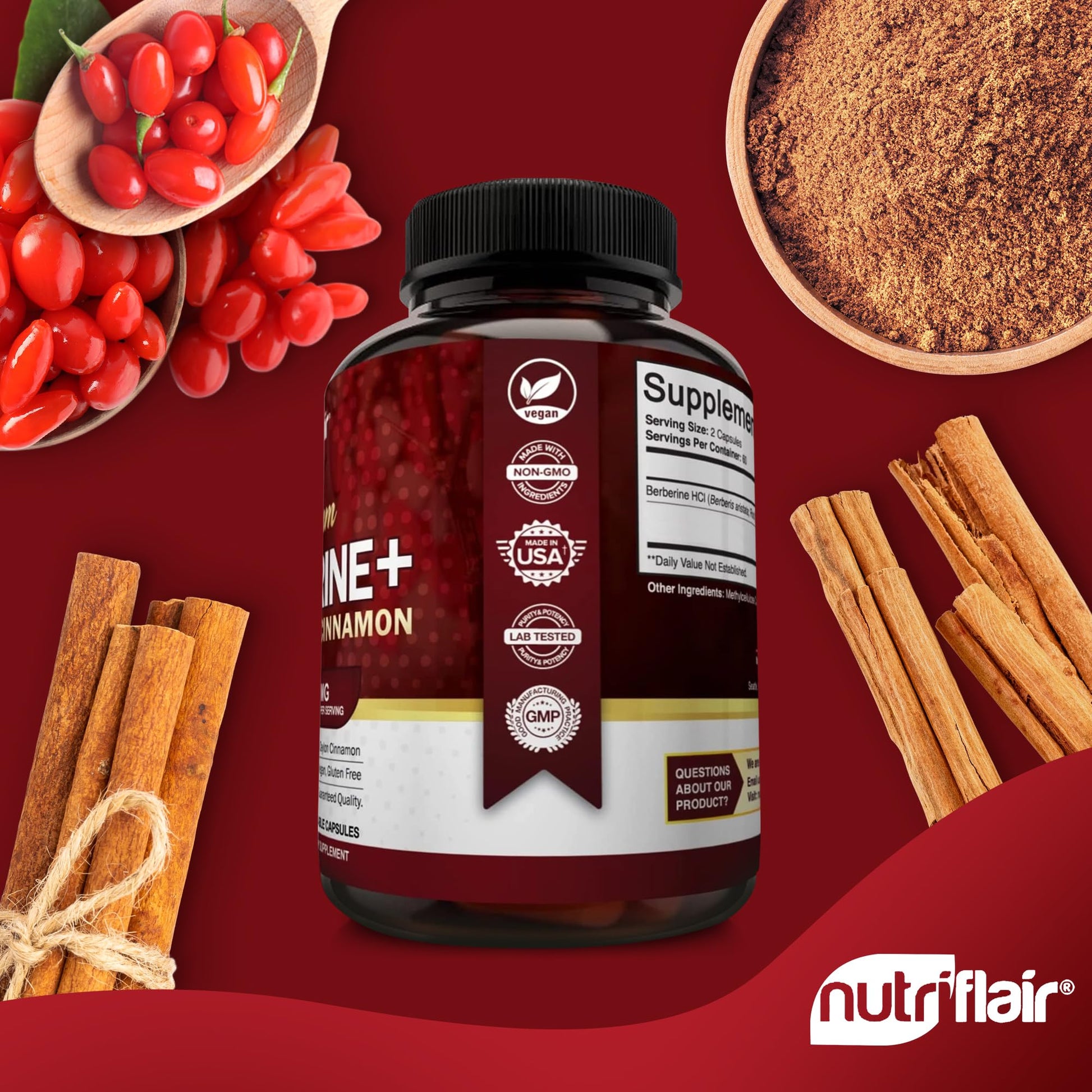 NutriFlair Premium Berberine HCL 1200mg, 120 Capsules - Plus Pure True Ceylon Cinnamon, Berberine HCI Root Supplements Pills - Immune System - yields an Optimal 8% HCl