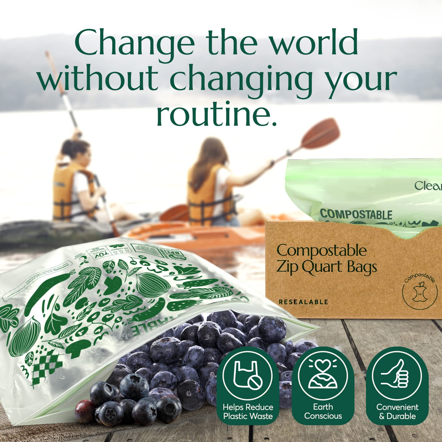 Cleanomic Compostable* Quart Size Food Storage Bags (25 Eco Zip) Freezer and Leak Proof, Also Available Gallon, Snack and Sandwich Size Bags