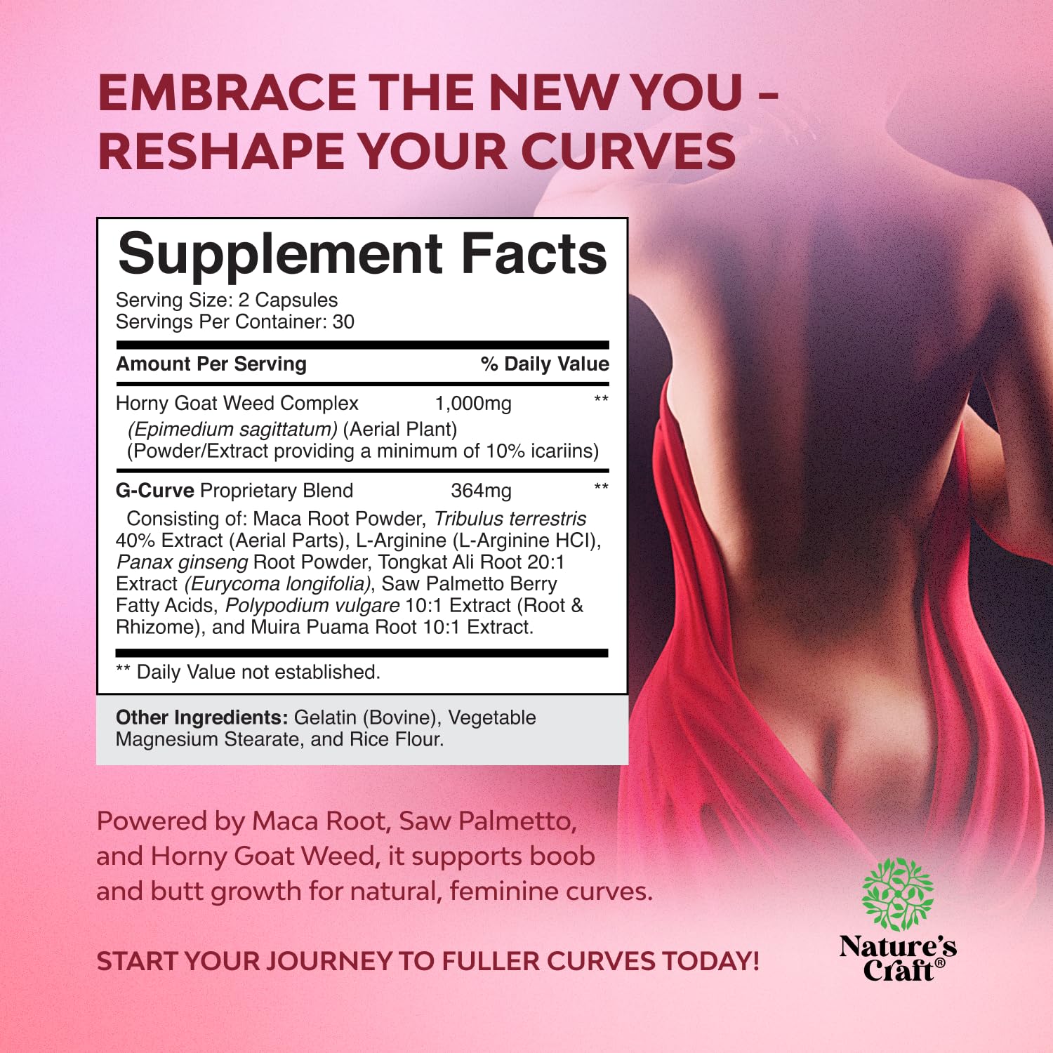 Natures Craft G-Curve Butt and Breast Enhancement Pills - Herbal Enhancer May Support Body Sculpting Curves with Saw Palmetto Extract Horny Goat Weed for Women *Results Vary 60 Count