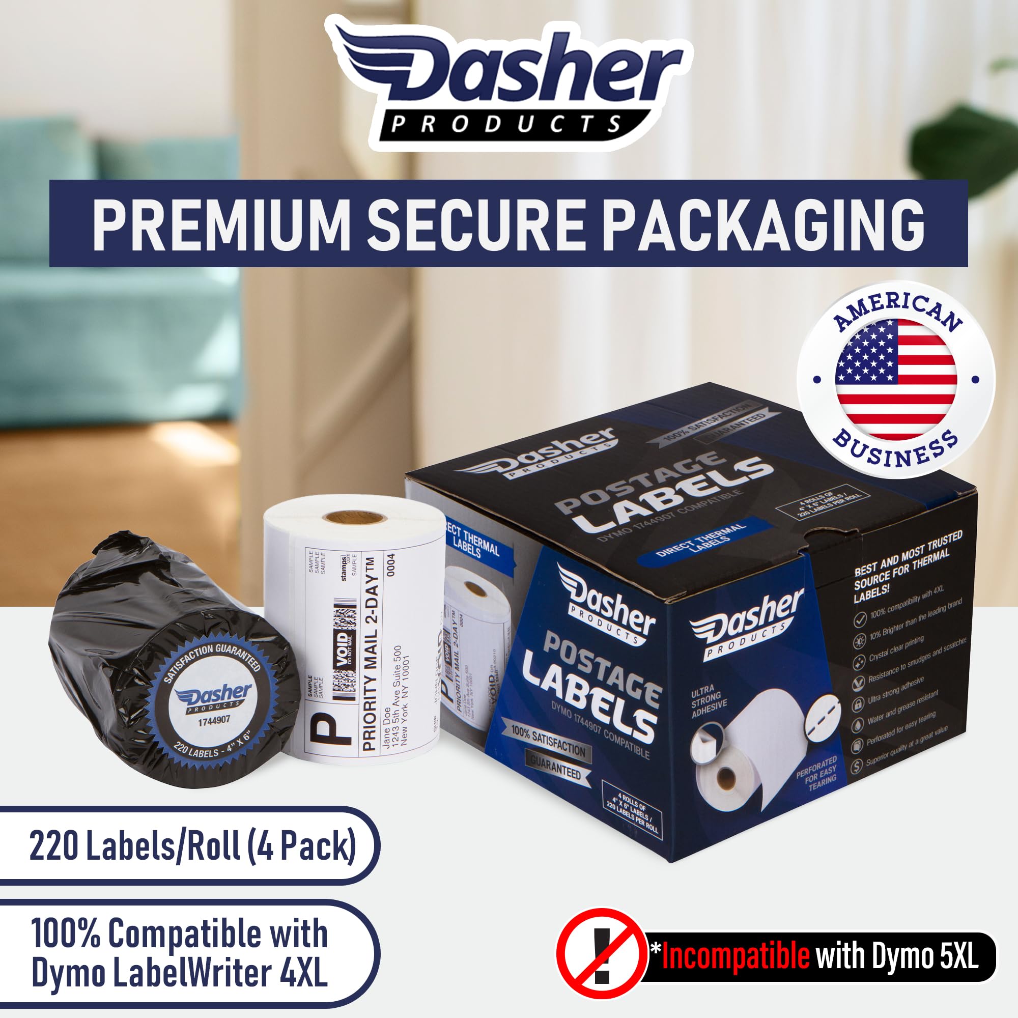 Dasher Products Thermal Shipping Labels Compatible with Dymo LabelWriter 4XL 1744907 4x6 Internet Postage Labels, Water Resistant, Strong Adhesive, Perforated, 220 per Roll, NOT for 5XL (4 Pack)