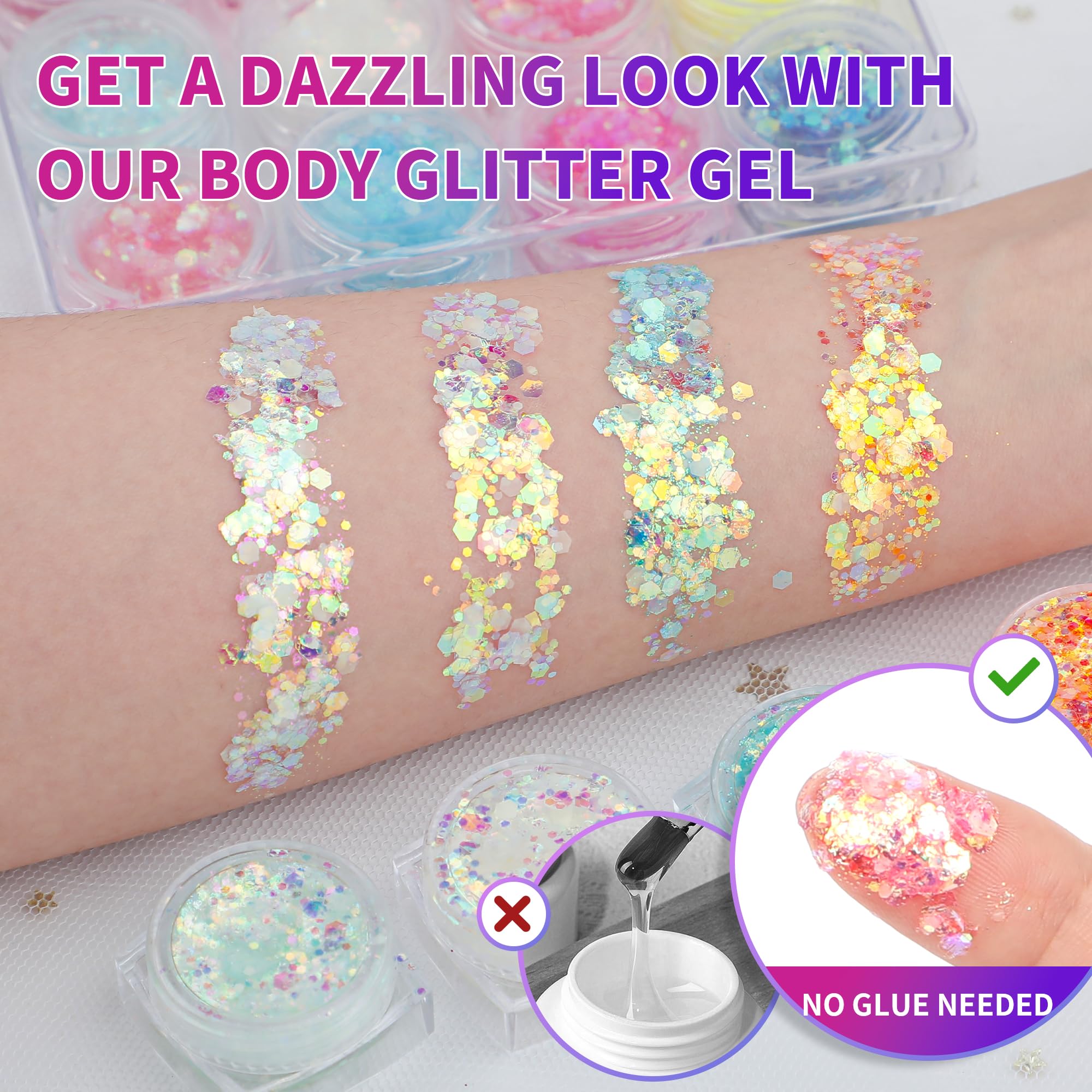 LATIBELL Glow in The Dark Body Face Glitter Gel for Women, 12 Colors Makeup Chunky Fine Glitter, UV Black Light Body/Face/Hair/Eyeshadow, Carnival Party(Not Loose Glitter)