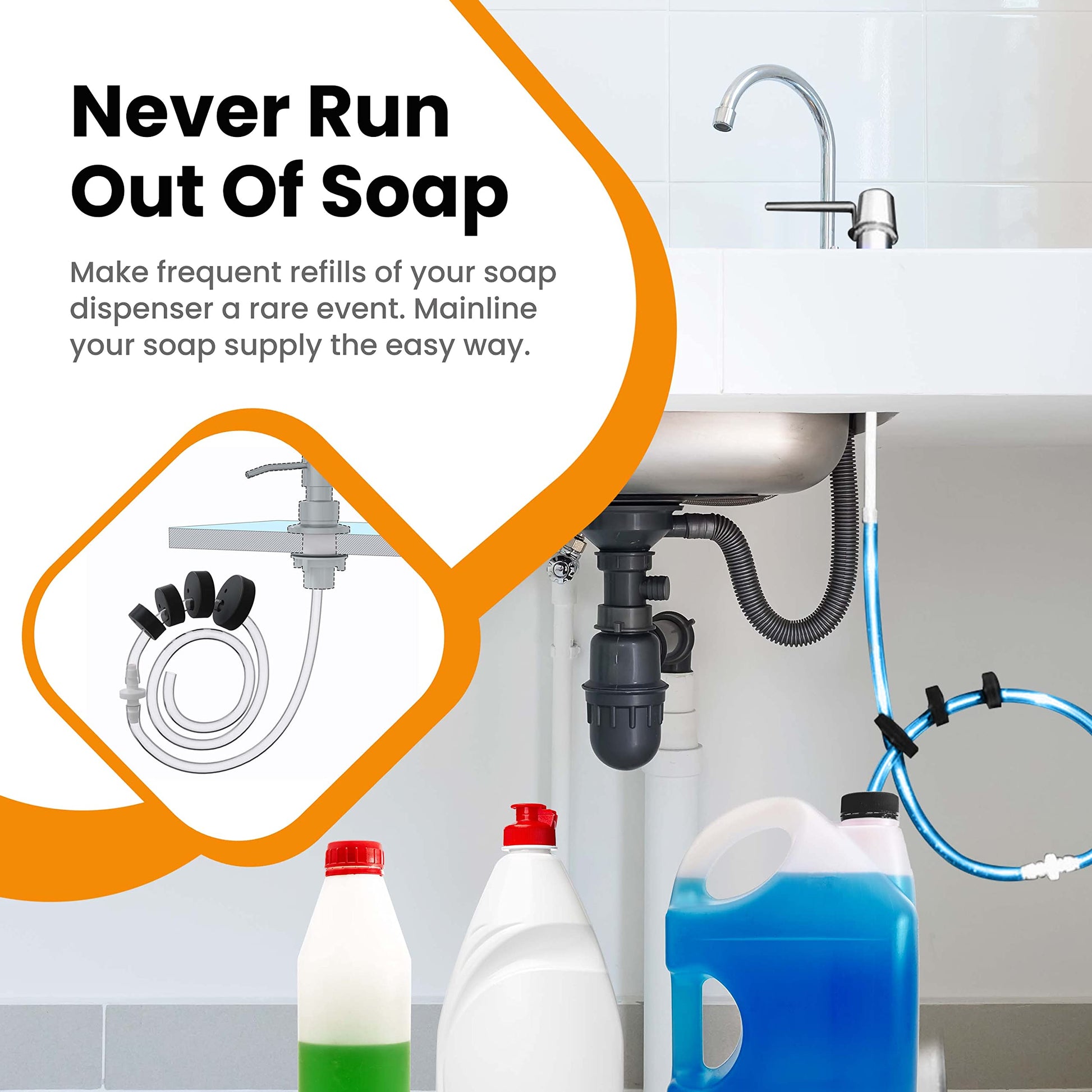 Never - MT - The Original Soap Dispenser Conversion Kit - Made in The USA - Kitchen Sink Extension Tube Kit - Never Fill The Little Bottle Again!