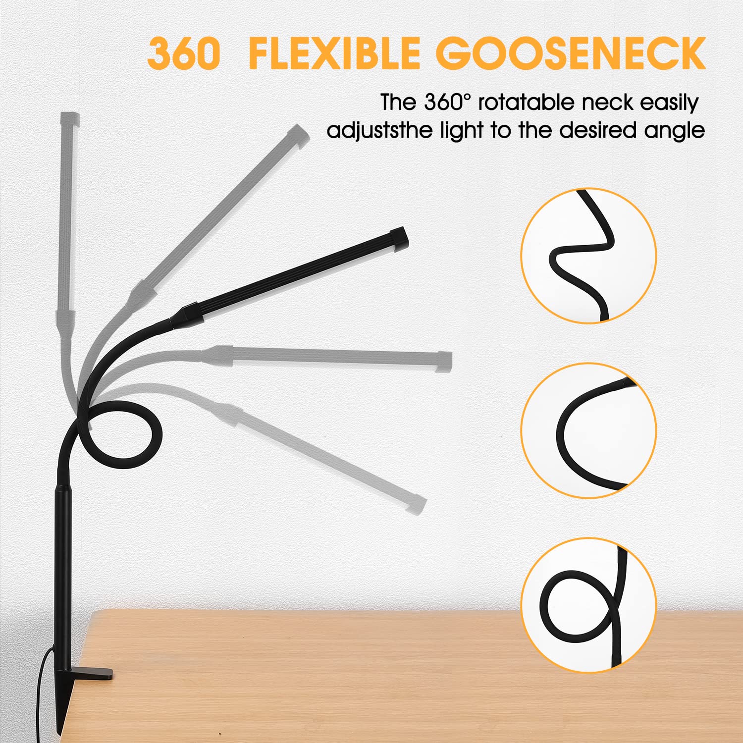 Voncerus LED Desk Lamp with Clamp, Eye-Caring Clip on Lights for Home Office, 3 Modes 10 Brightness, Long Flexible Gooseneck, Metal, Swing Arm Architect Task Table Lamps with USB Adapter, Black