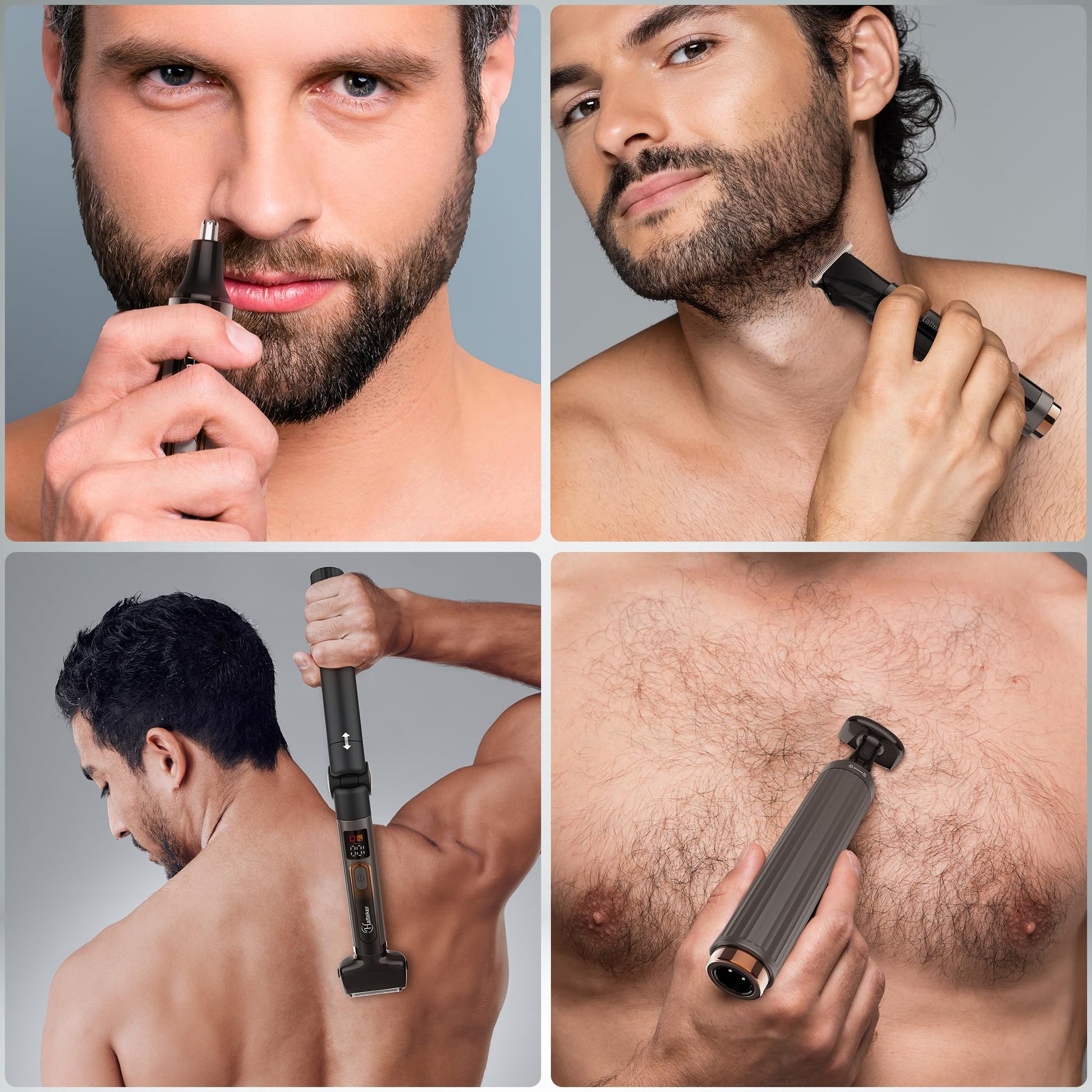 Hatteker Upgraded Mens Electric Back Shaver Body Grooming kit Body Trimmer Facial,Arm,Chin Beard Trimmer Cordless Hair Clipper with Adjustable Extension Handel Waterproof LED Display