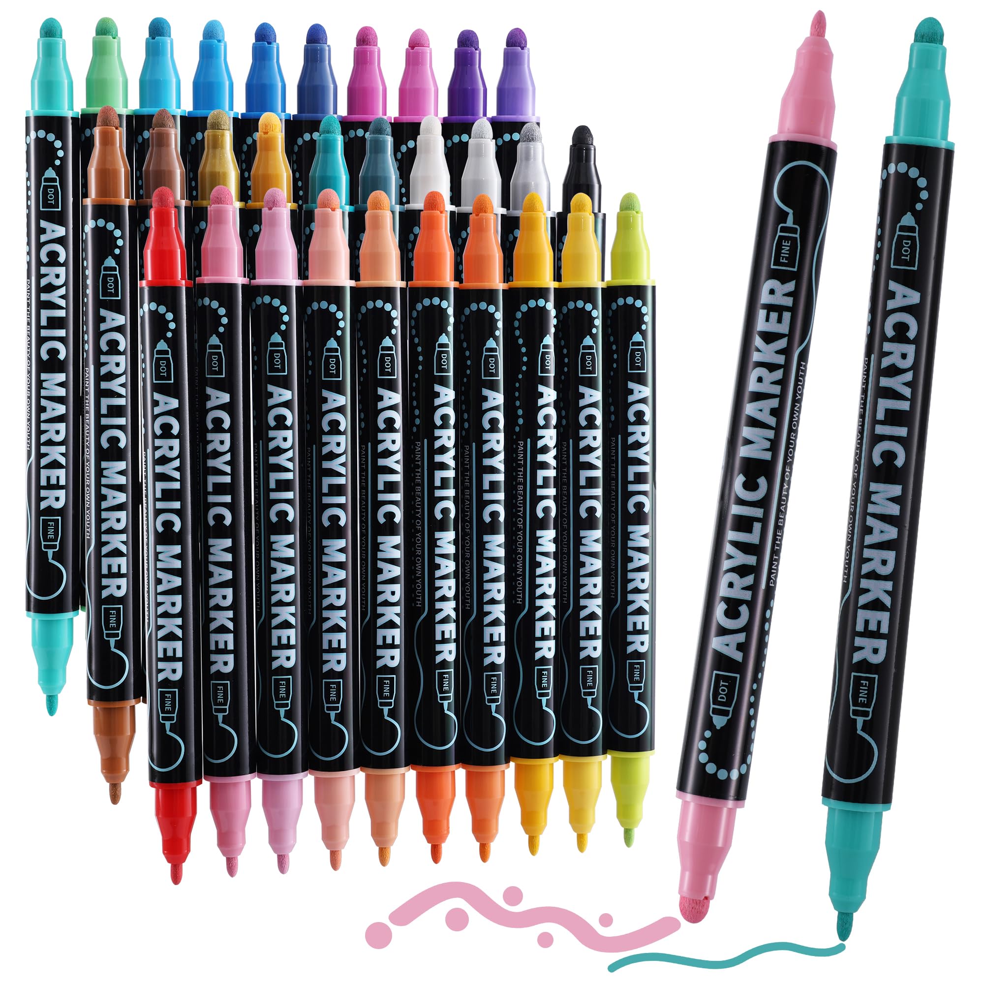 Nauets 30 Colors Waterproof Dual Tip Acrylic Paint Pens, Dot & Fine Tip Premium Coloring Drawing Markers Set for Wood, Rock Painting, Canvas, Glass, Ceramic Surfaces and DIY Crafts Making Art Supplies